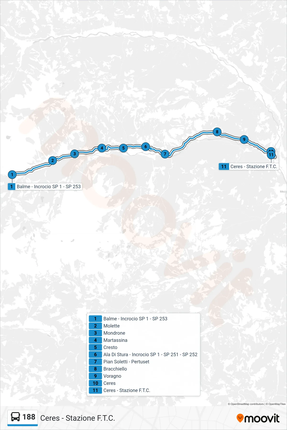 Linea 188  bus (Ceres - Stazione F.T.C.) - Percorsi e fermate sulla mappa