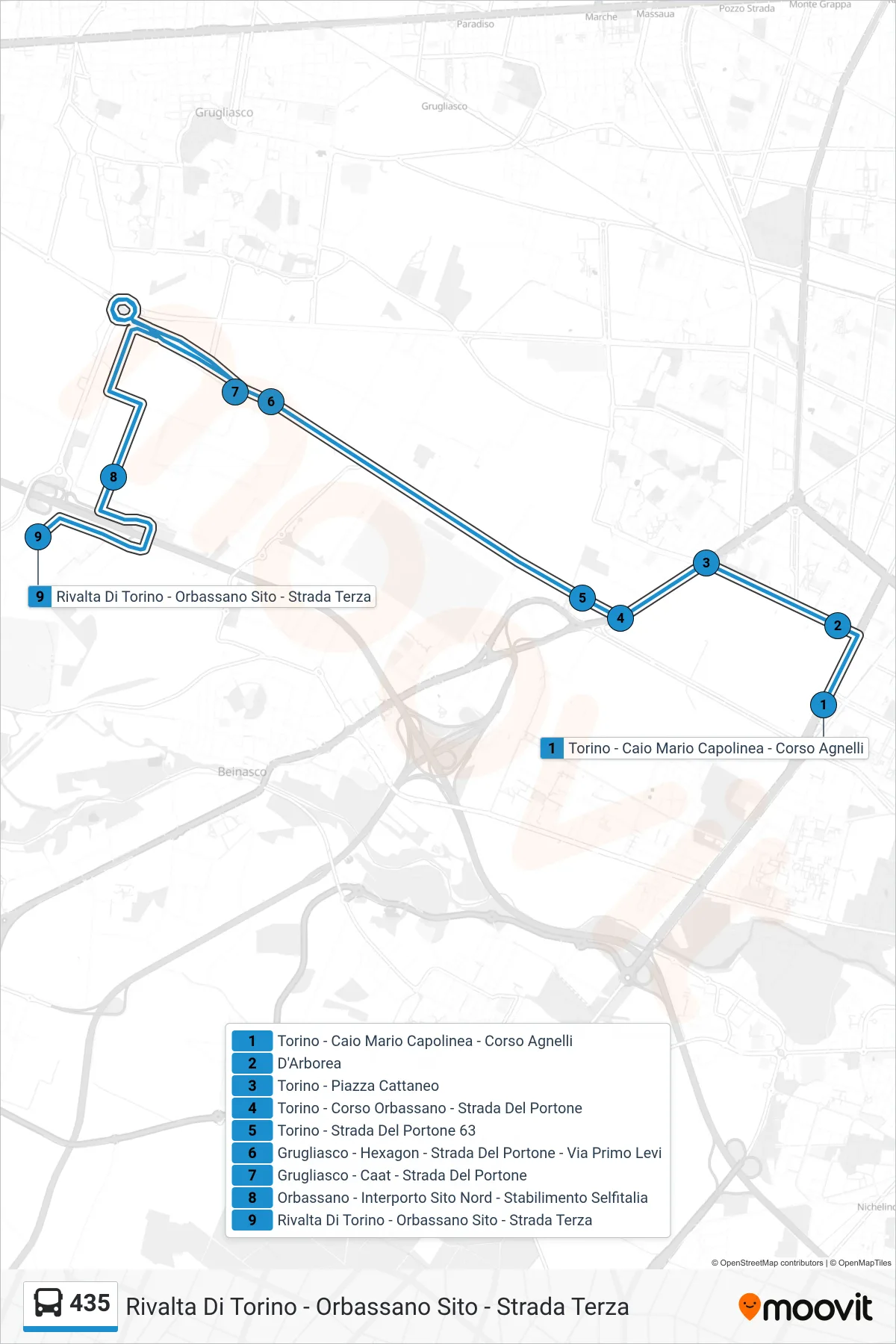 Linea 435  bus (Rivalta Di Torino - Orbassano Sito - Strada Terza) - Percorsi e fermate sulla mappa