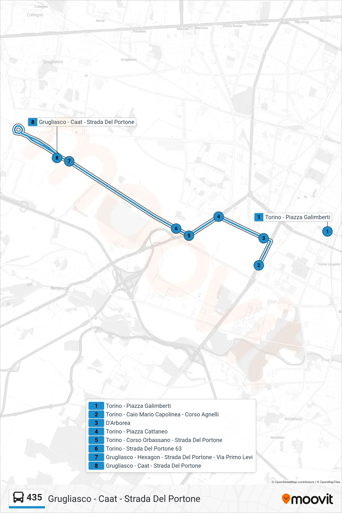 Linea 435 bus (Grugliasco - Caat - Strada Del Portone) - Percorsi e fermate sulla mappa