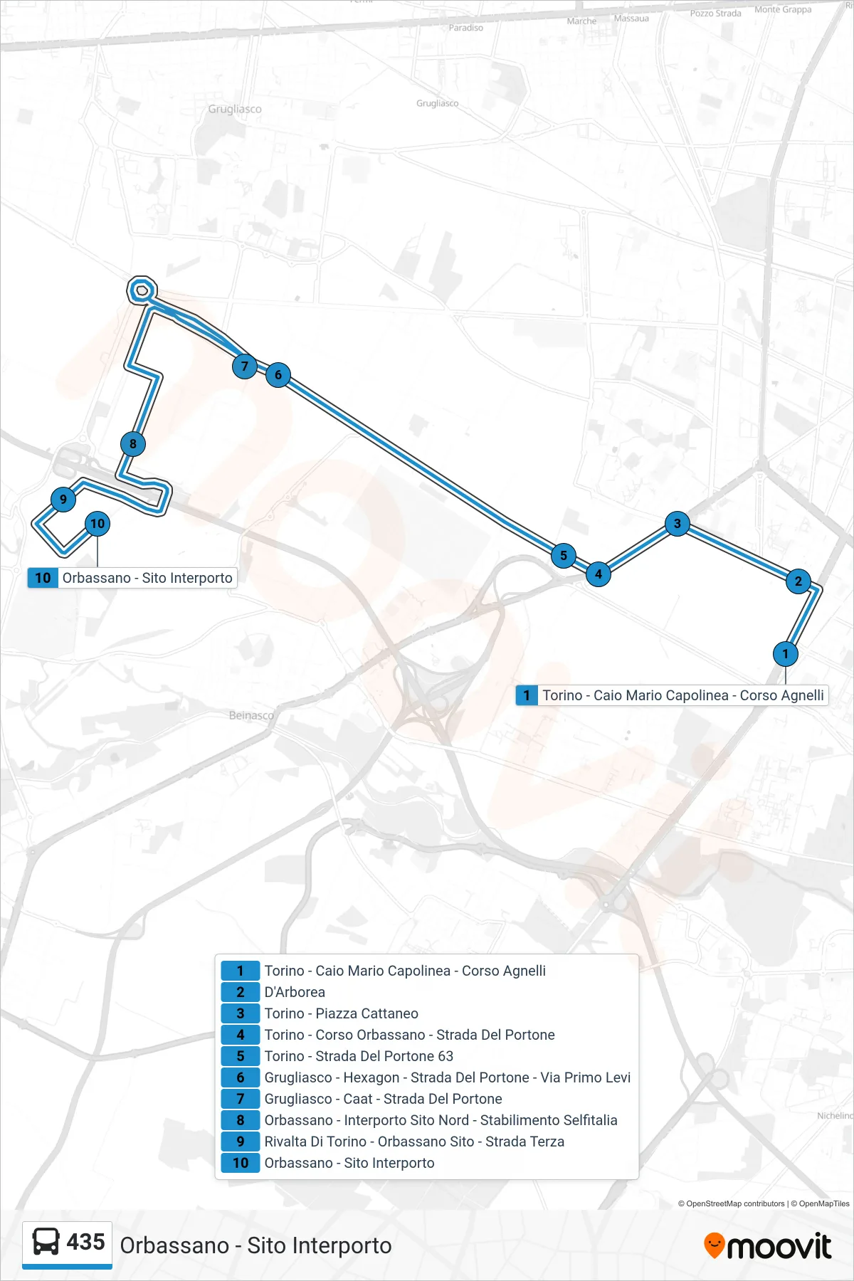 Linea 435 bus (Orbassano - Sito Interporto) - Percorsi e fermate sulla mappa