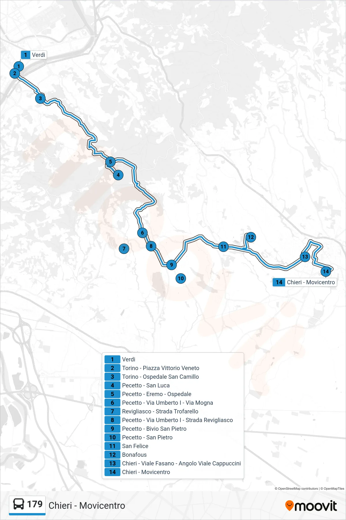Linea 179  bus (Chieri - Movicentro) - Percorsi e fermate sulla mappa