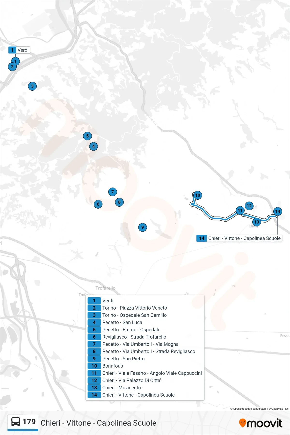 Linea 179 bus (Chieri - Vittone - Capolinea Scuole) - Percorsi e fermate sulla mappa