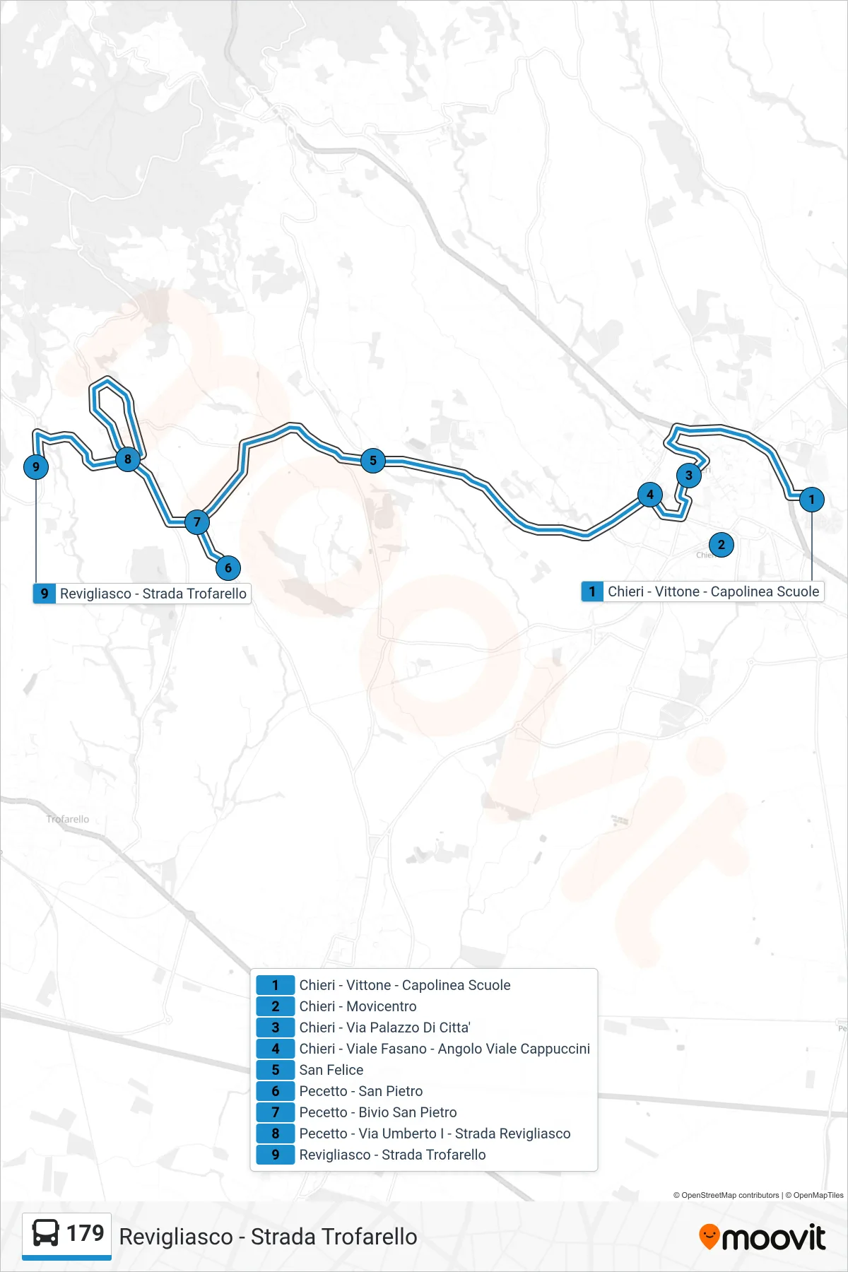 Linea 179  bus (Revigliasco - Strada Trofarello) - Percorsi e fermate sulla mappa