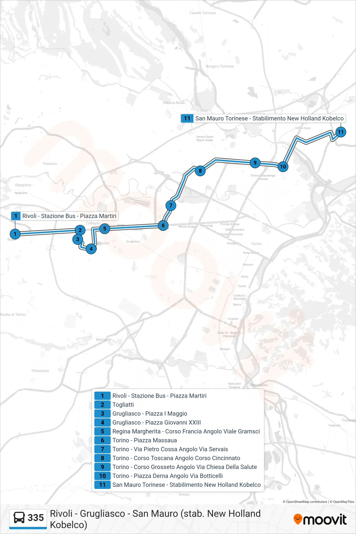 Linea 335 bus (San Mauro Torinese - Stabilimento New Holland Kobelco) - Percorsi e fermate sulla mappa