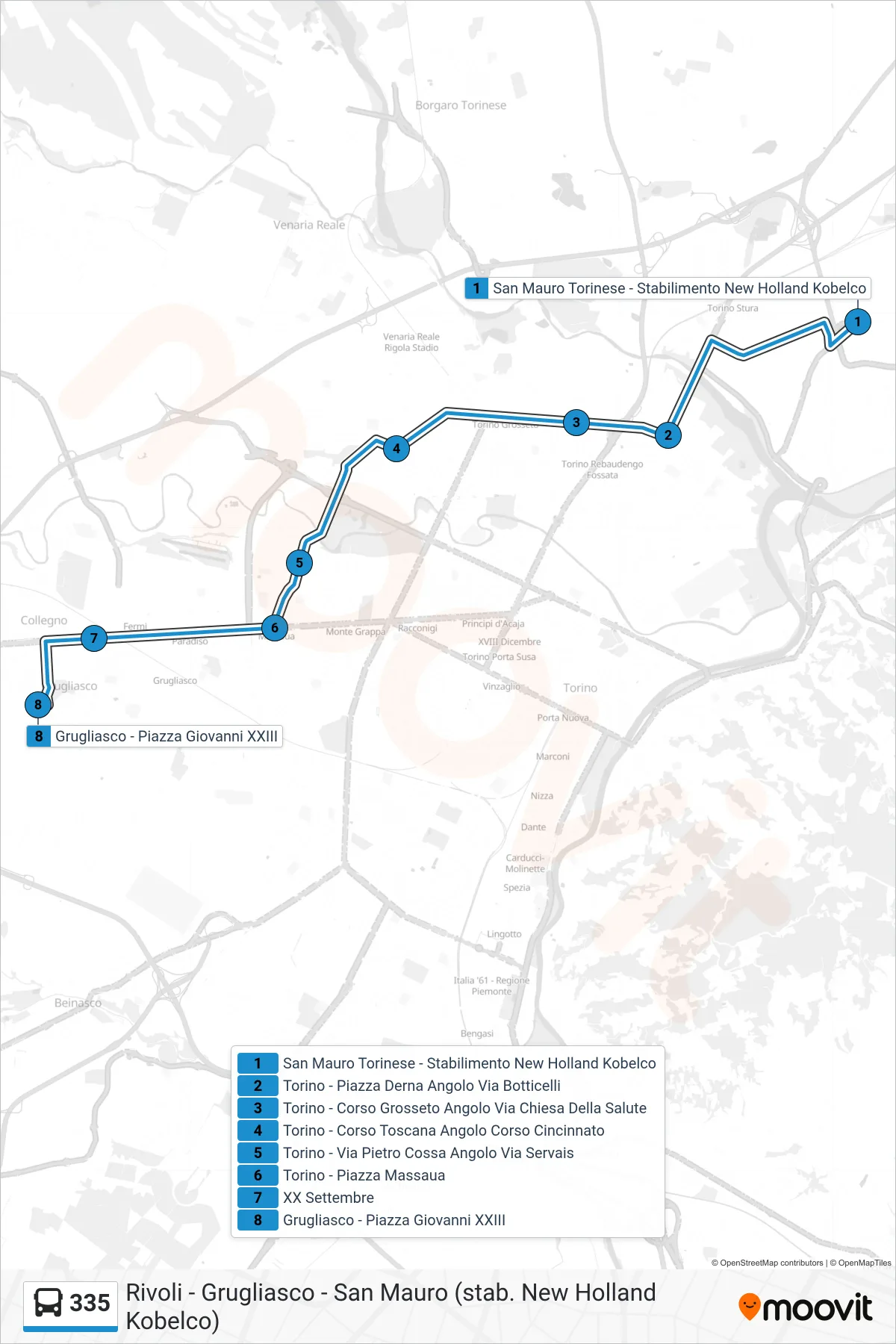 Linea 335 bus (Grugliasco - Piazza Giovanni XXIII) - Percorsi e fermate sulla mappa