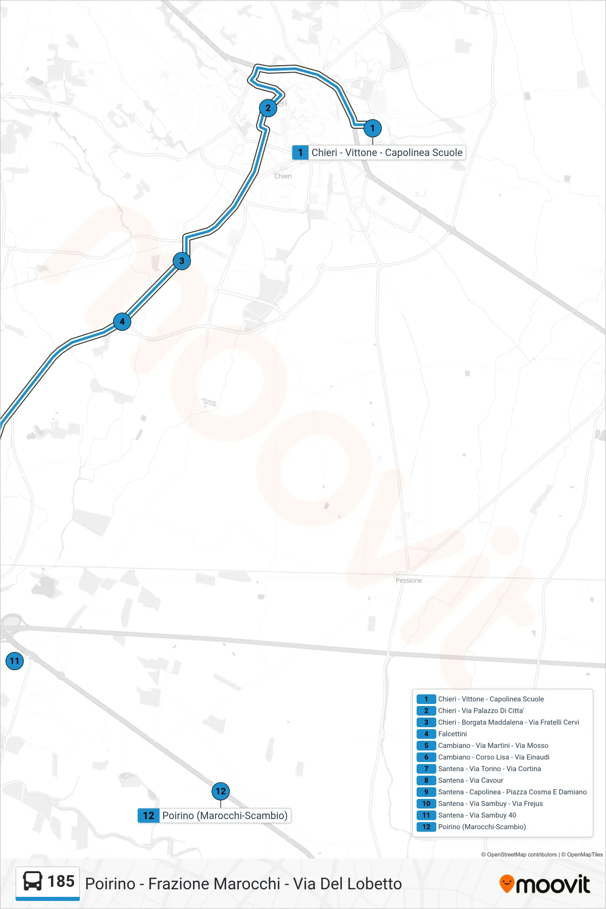 Linea 185 bus (Poirino - Frazione Marocchi - Via Del Lobetto) - Percorsi e fermate sulla mappa