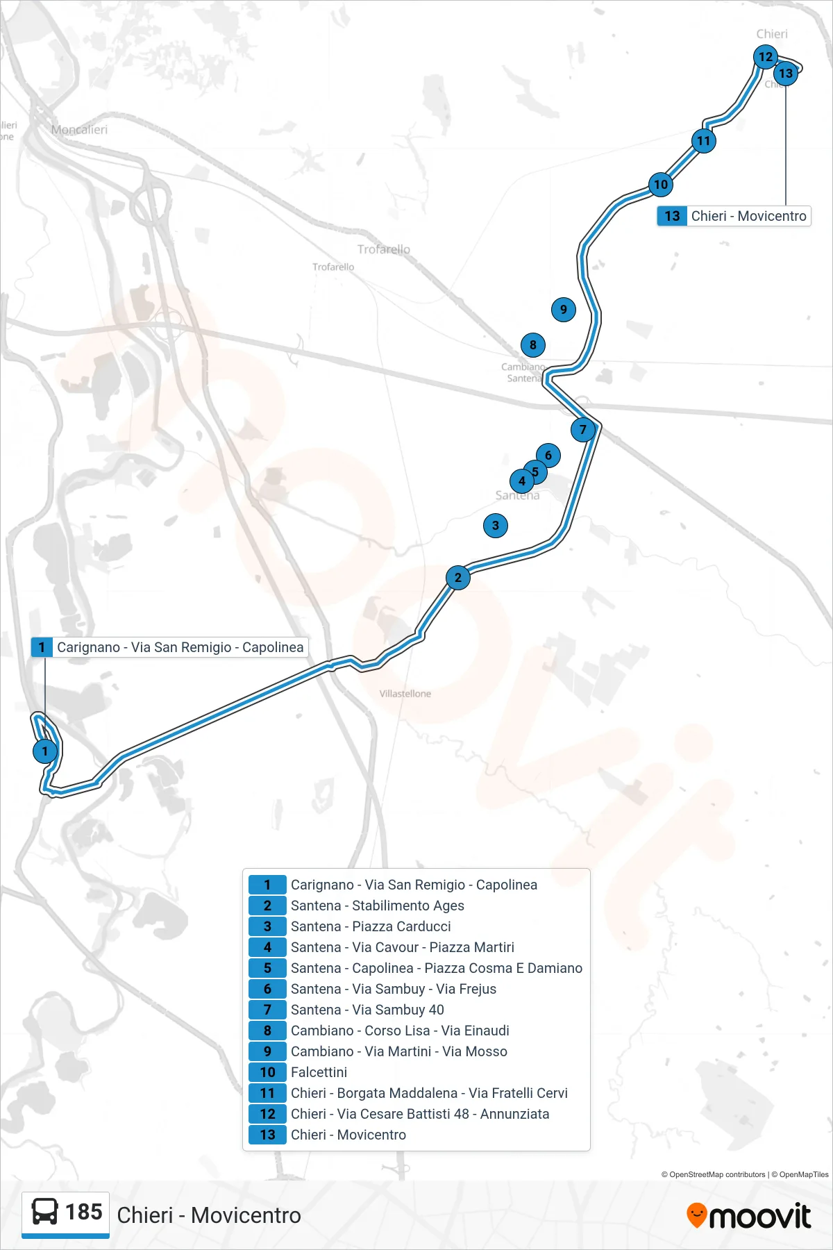 Linea 185 bus (Chieri - Movicentro) - Percorsi e fermate sulla mappa