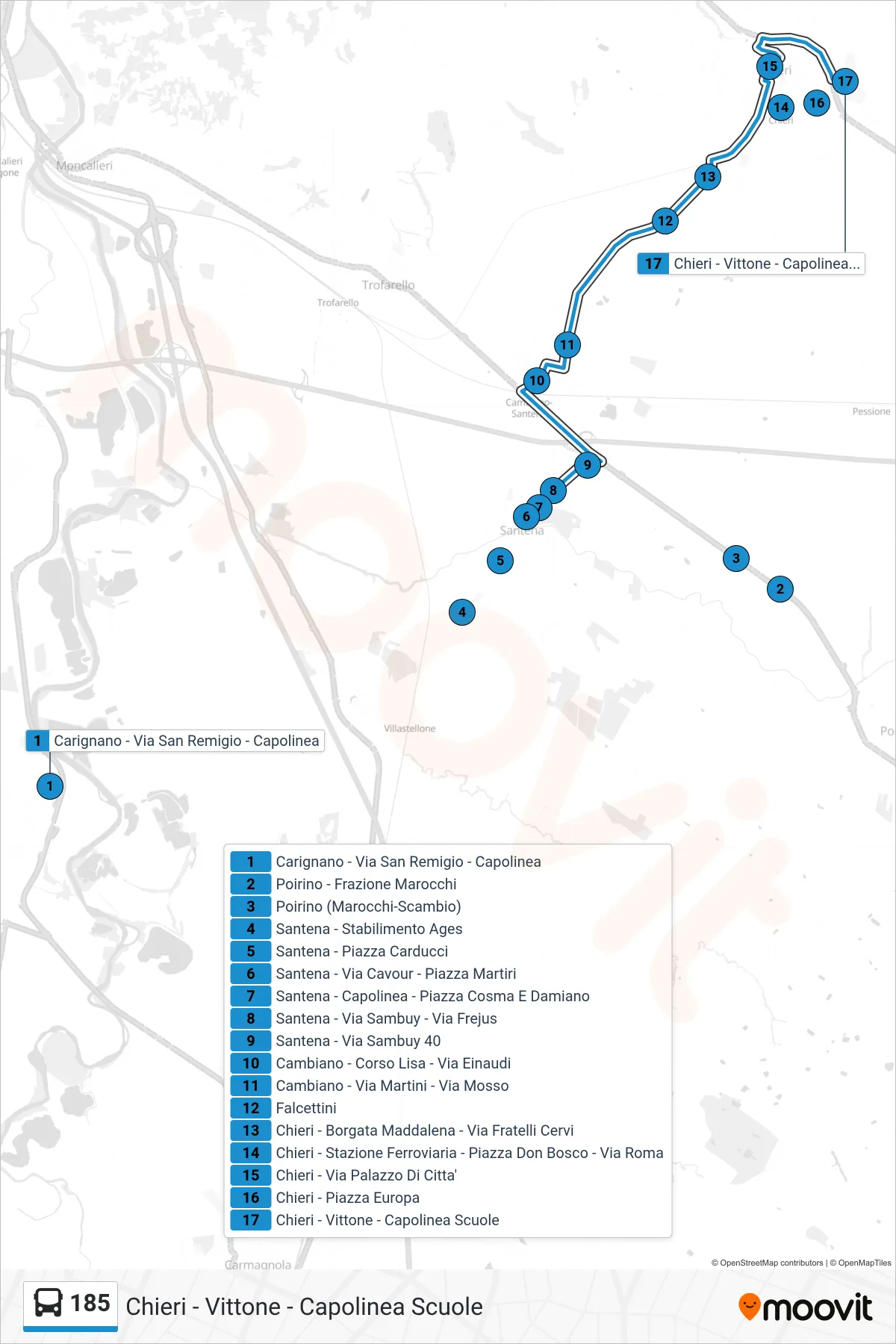 Linea 185 bus (Chieri - Vittone - Capolinea Scuole) - Percorsi e fermate sulla mappa