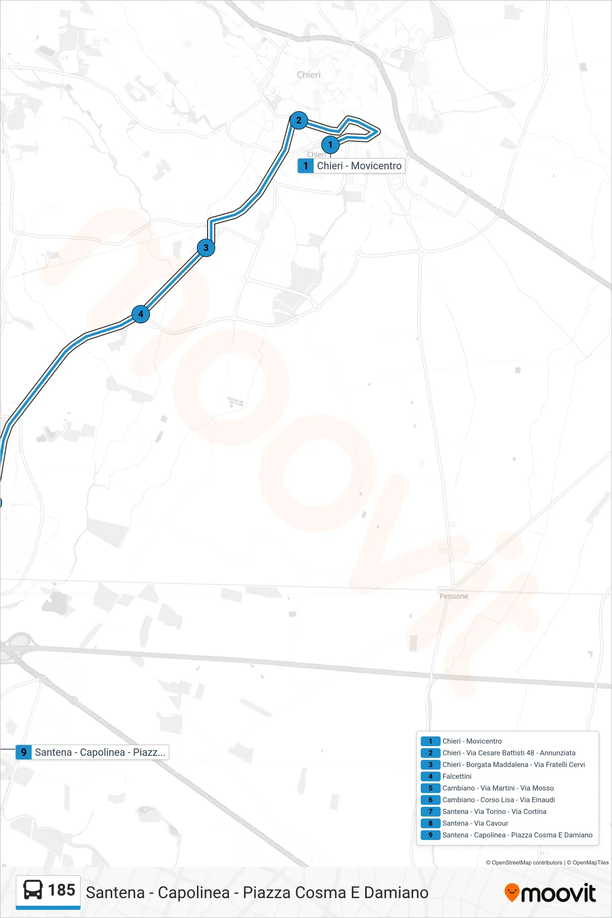 Linea 185 bus (Santena - Capolinea - Piazza Cosma E Damiano) - Percorsi e fermate sulla mappa