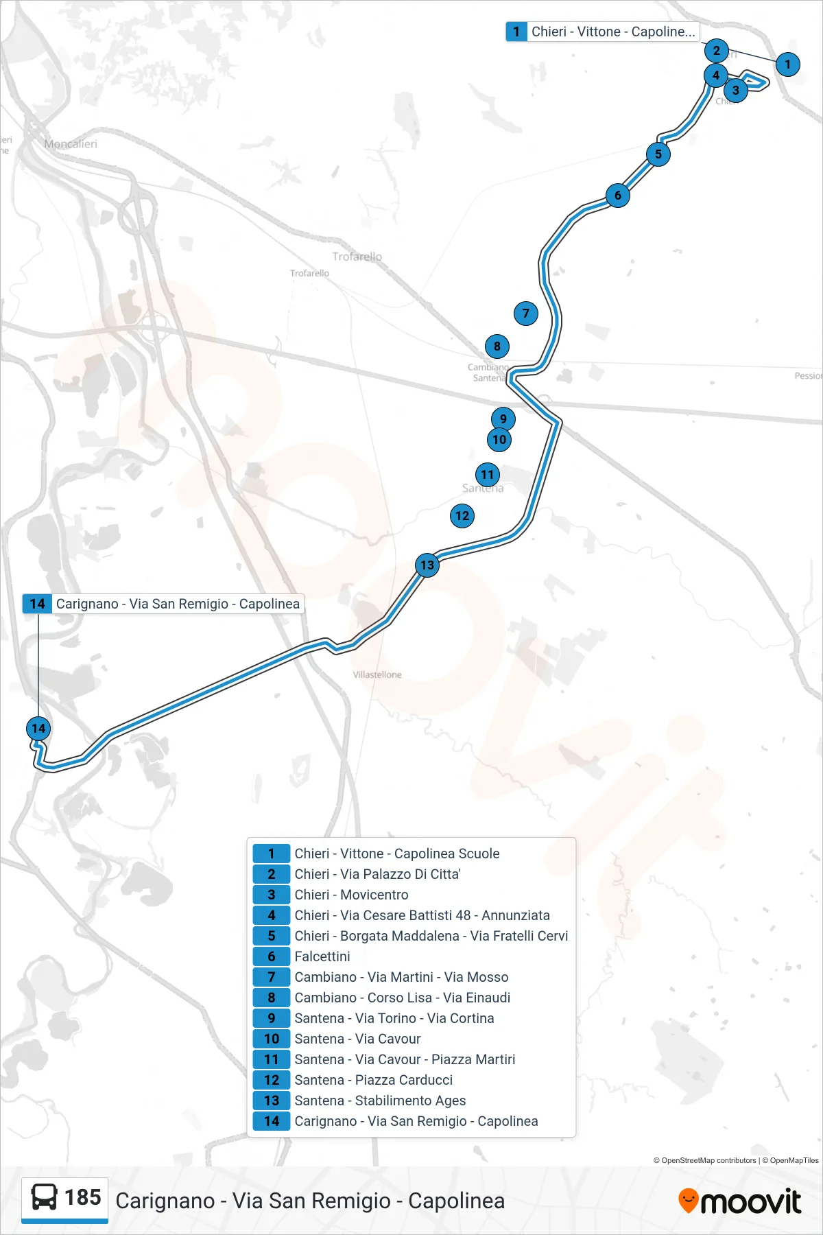 Linea 185  bus (Carignano - Via San Remigio - Capolinea) - Percorsi e fermate sulla mappa