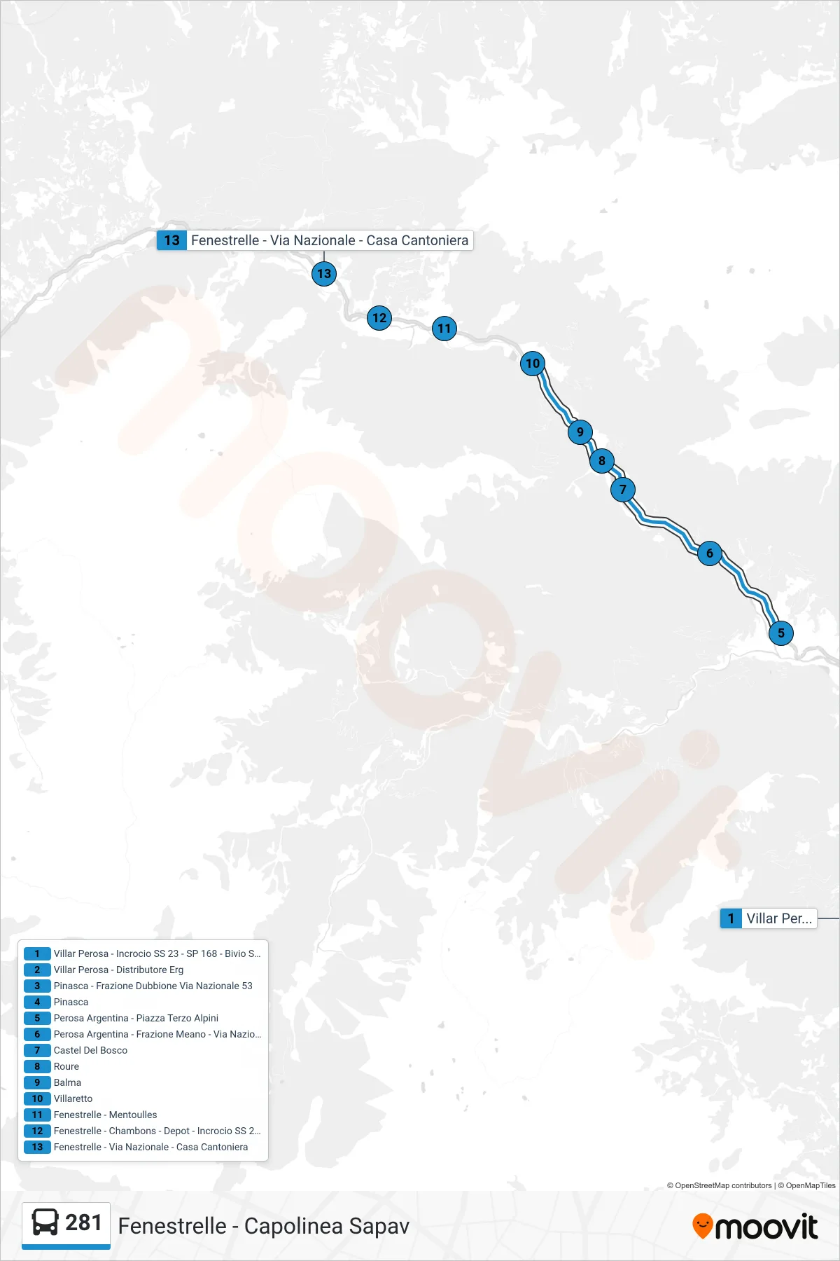 Linea 281 bus (Fenestrelle - Capolinea Sapav) - Percorsi e fermate sulla mappa