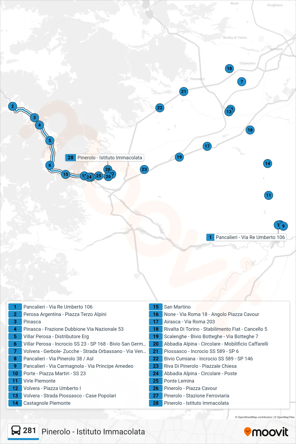 Linea 281  bus (Pinerolo - Istituto Immacolata) - Percorsi e fermate sulla mappa