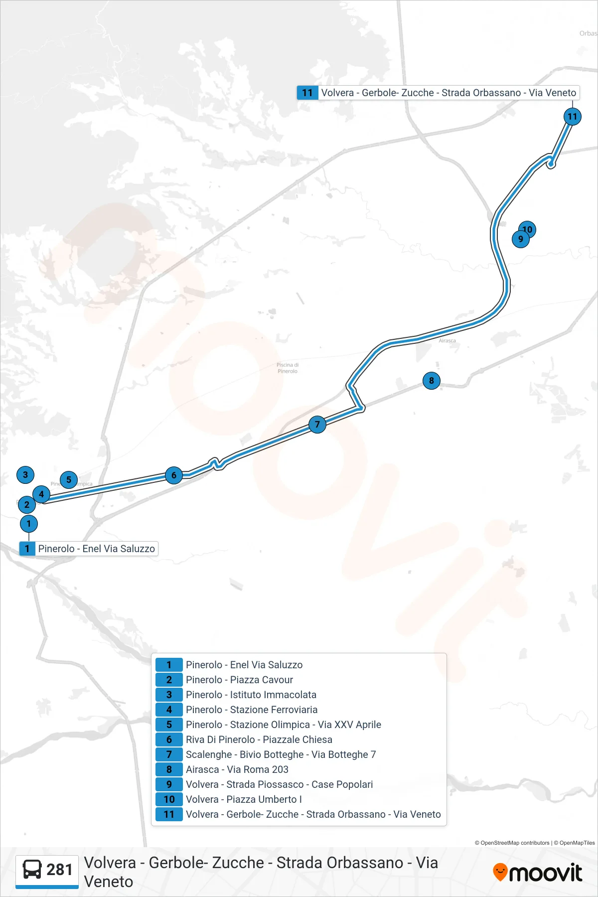 Linea 281 bus (Volvera - Gerbole- Zucche - Strada Orbassano - Via Veneto) - Percorsi e fermate sulla mappa