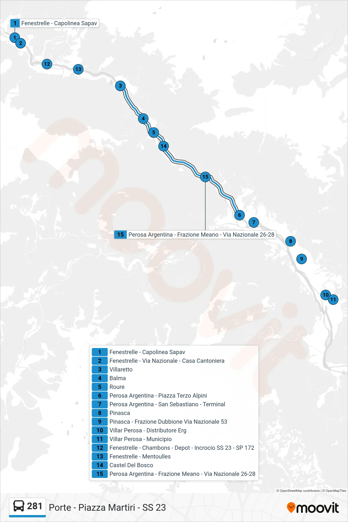 Linea 281  bus (Porte - Piazza Martiri - SS 23) - Percorsi e fermate sulla mappa