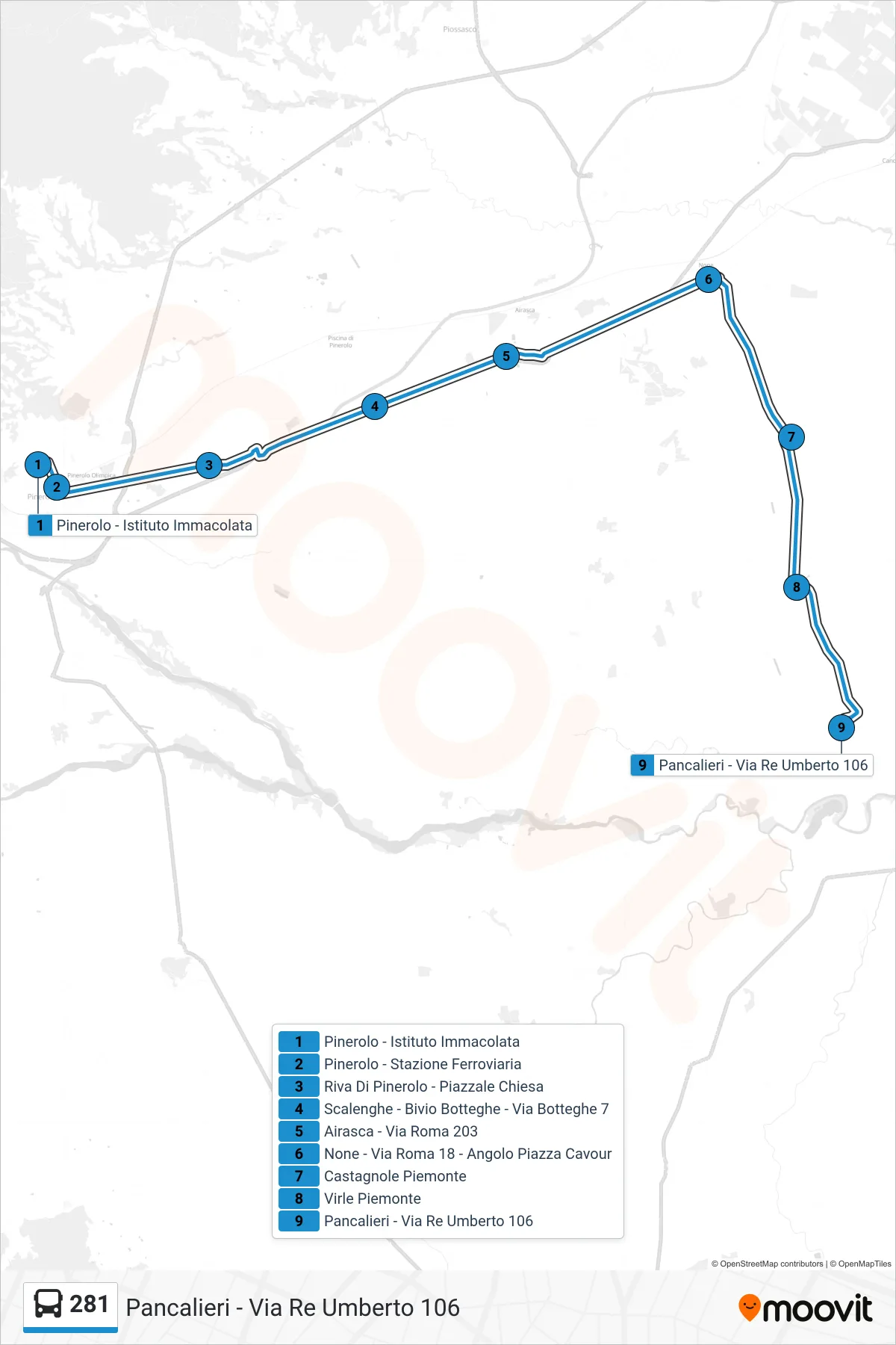 Linea 281 bus (Pancalieri - Via Re Umberto 106) - Percorsi e fermate sulla mappa
