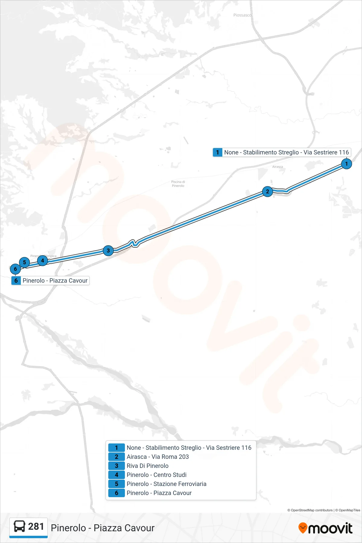Linea 281 bus (Pinerolo - Piazza Cavour) - Percorsi e fermate sulla mappa