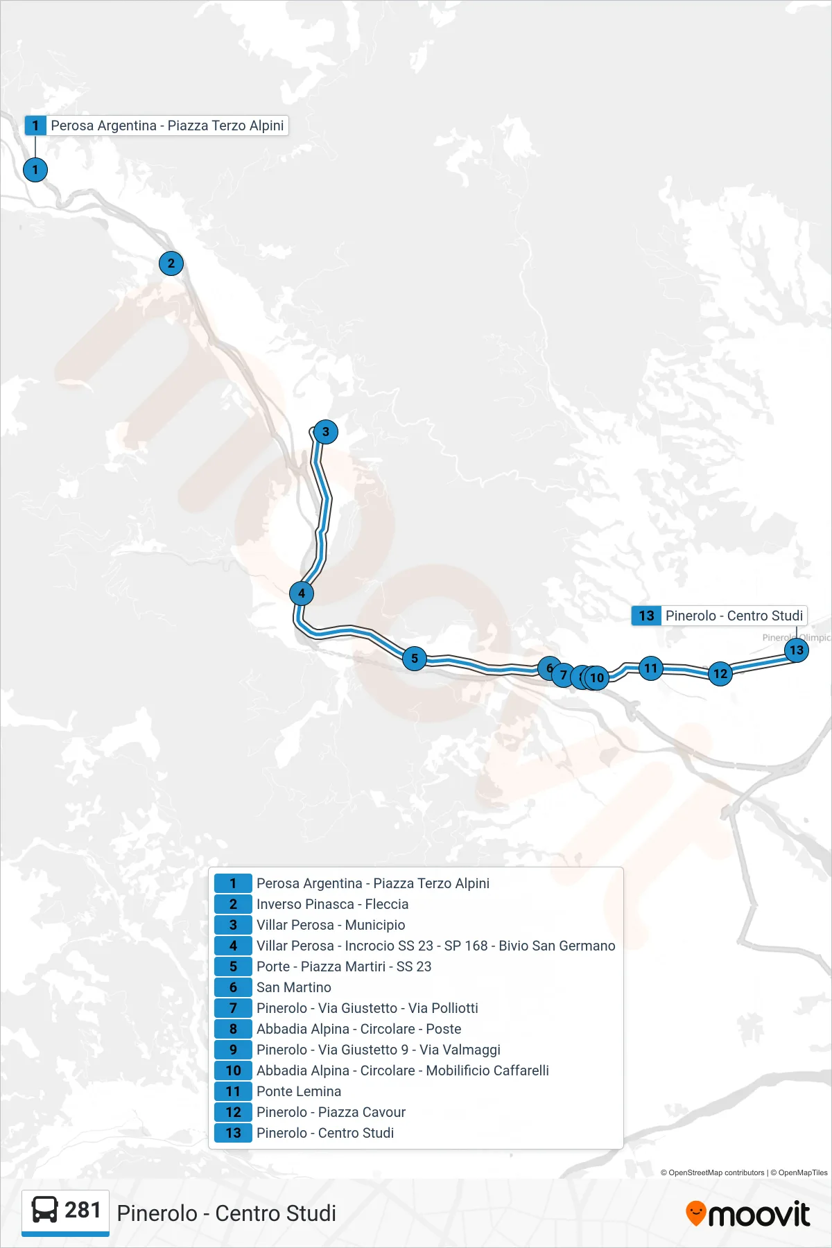 Linea 281  bus (Pinerolo - Centro Studi) - Percorsi e fermate sulla mappa