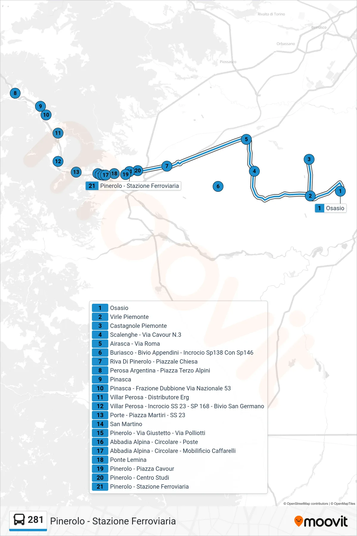 Linea 281 bus (Pinerolo - Stazione Ferroviaria) - Percorsi e fermate sulla mappa