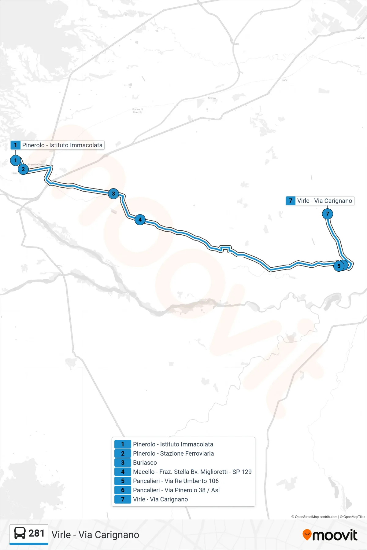 Linea 281  bus (Virle - Via Carignano) - Percorsi e fermate sulla mappa