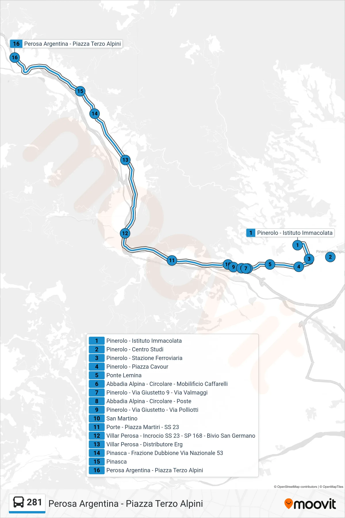 Linea 281  bus (Perosa Argentina - Piazza Terzo Alpini) - Percorsi e fermate sulla mappa