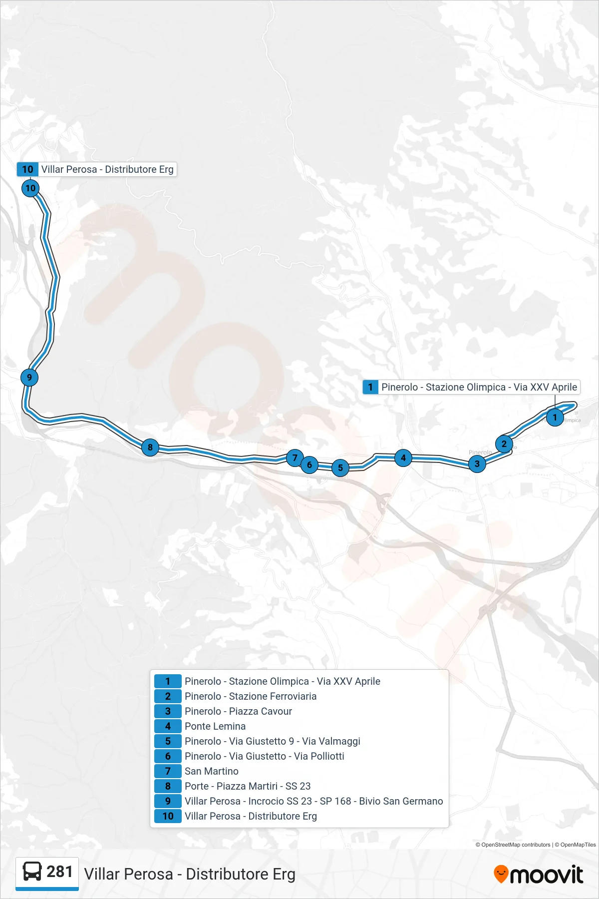 Linea 281 bus (Villar Perosa - Distributore Erg) - Percorsi e fermate sulla mappa