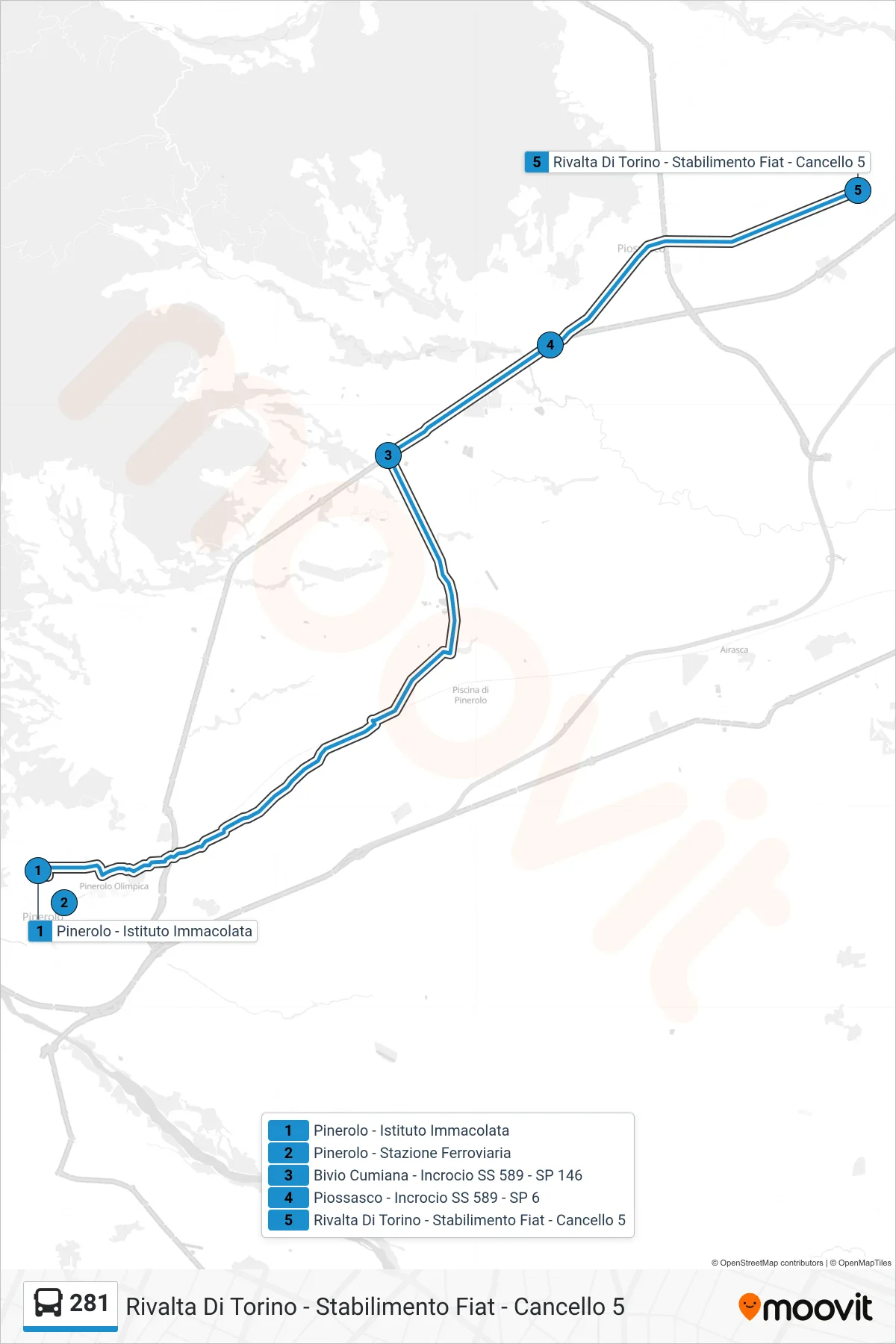 Linea 281 bus (Rivalta Di Torino - Stabilimento Fiat - Cancello 5) - Percorsi e fermate sulla mappa