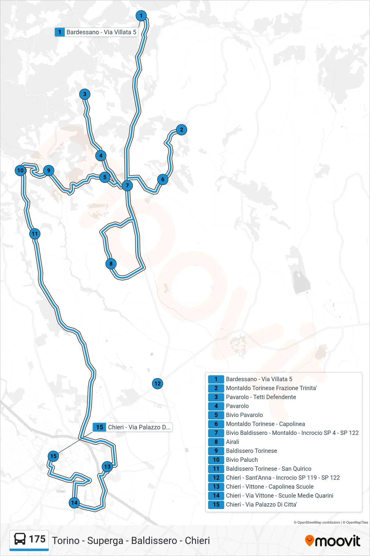 Linea 175 bus (Chieri - Via Palazzo Di Citta') - Percorsi e fermate sulla mappa