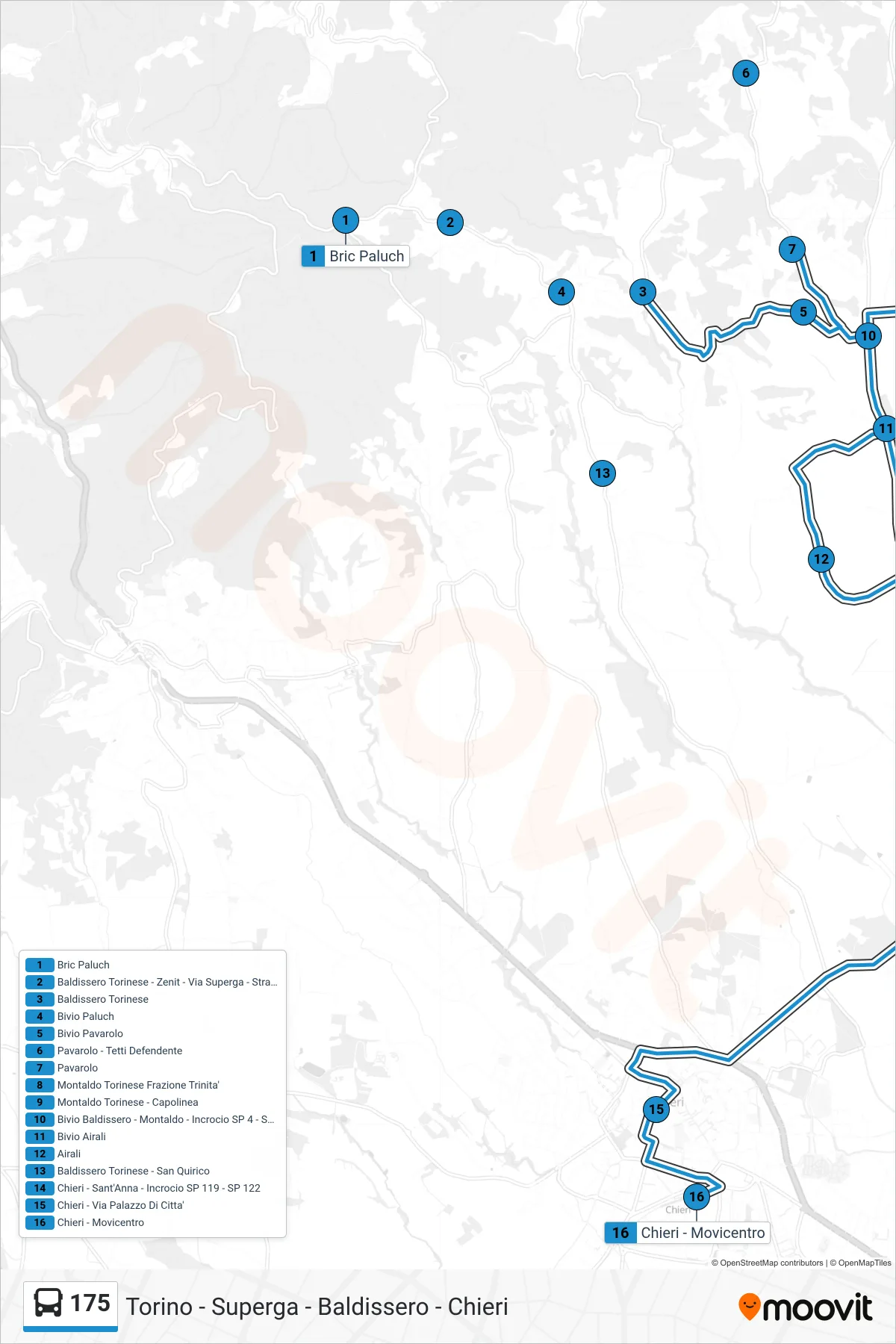 Linea 175 bus (Chieri - Movicentro) - Percorsi e fermate sulla mappa