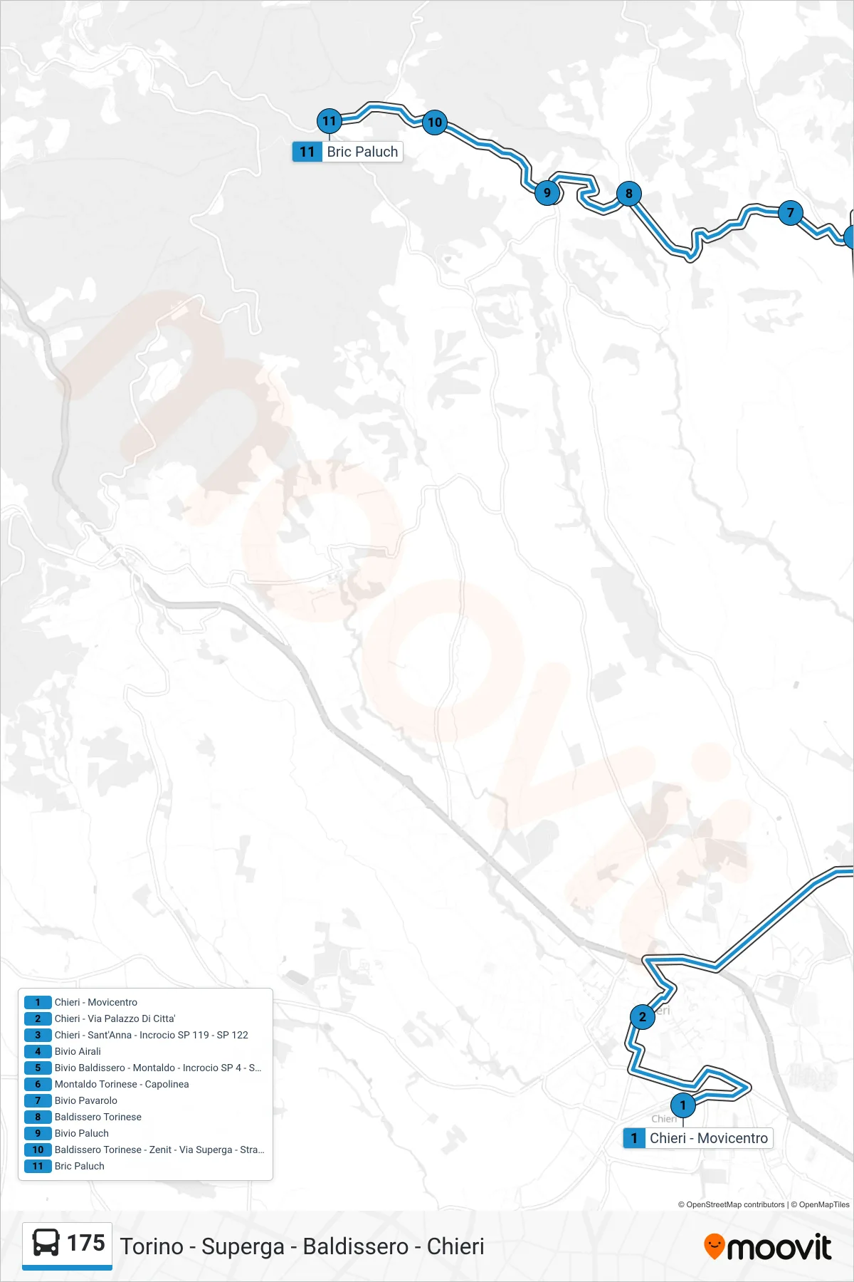 Linea 175 bus (Torino - Capolinea Corso San Maurizio) - Percorsi e fermate sulla mappa
