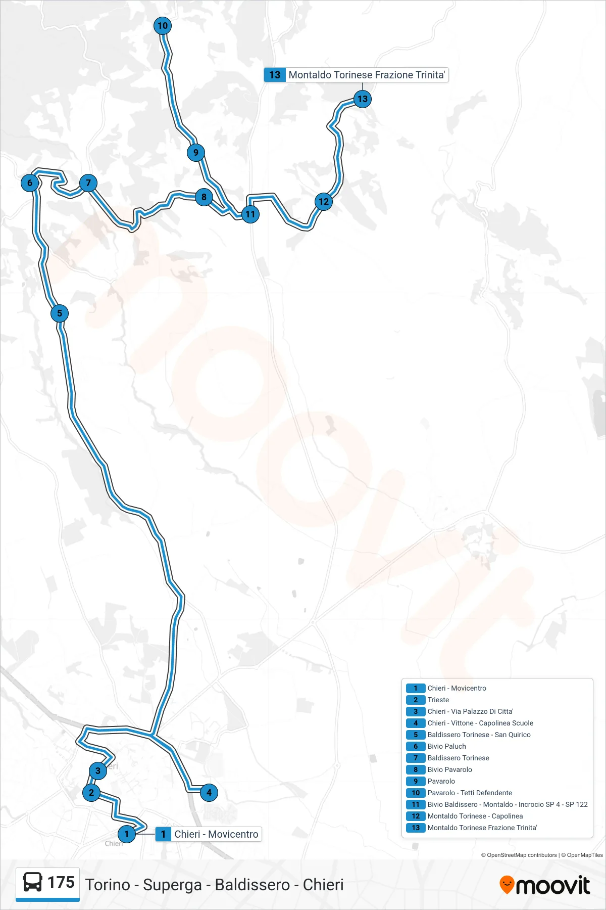 Linea 175  bus (Montaldo Torinese   Frazione Trinita') - Percorsi e fermate sulla mappa