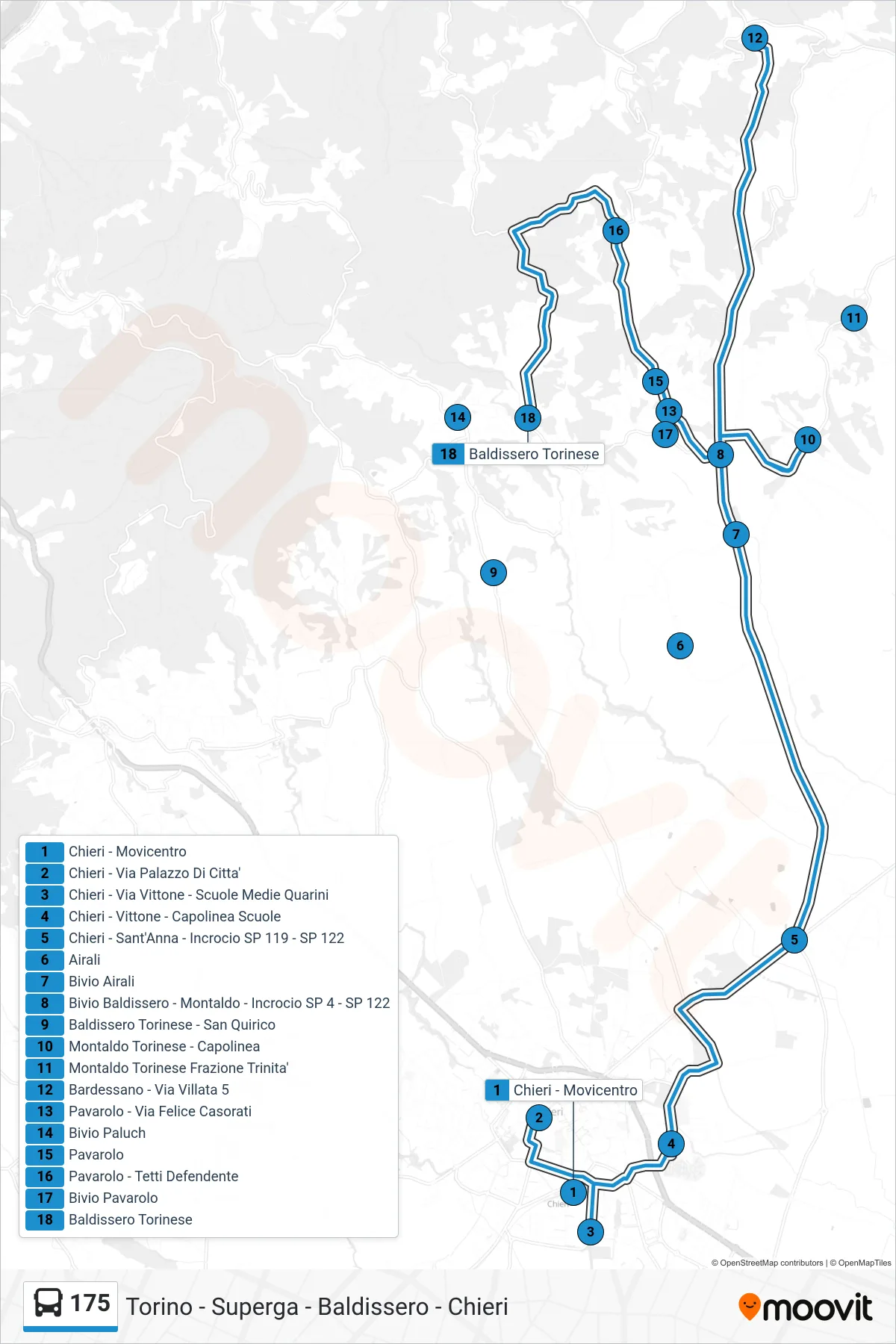 Linea 175 bus (Baldissero Torinese) - Percorsi e fermate sulla mappa