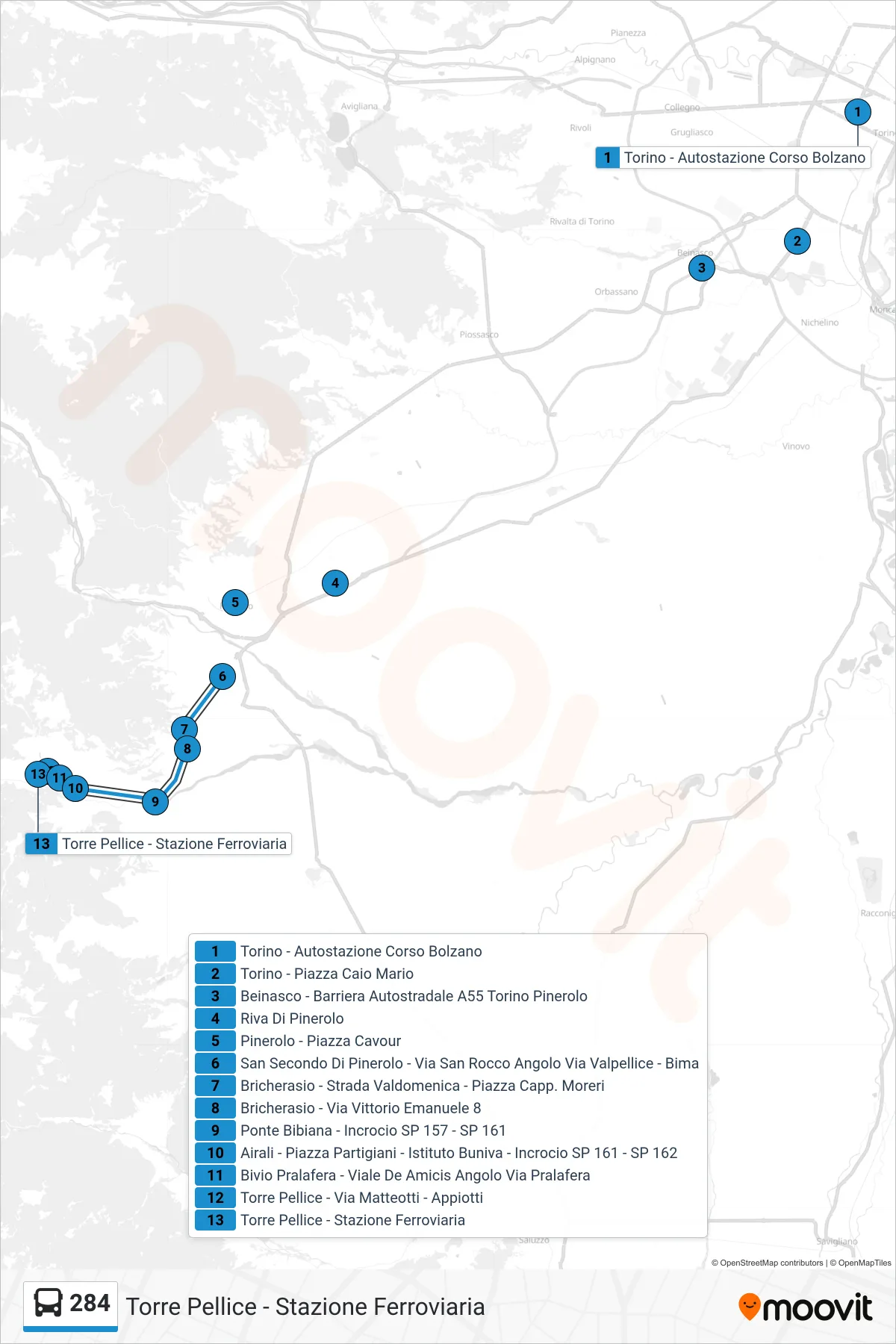 Linea 284 bus (Torre Pellice - Stazione Ferroviaria) - Percorsi e fermate sulla mappa
