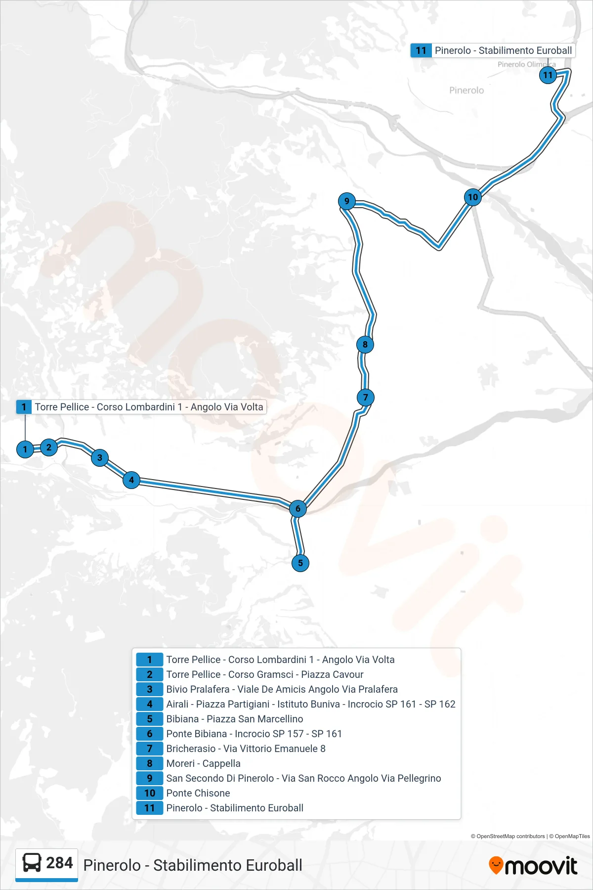 Linea 284  bus (Pinerolo - Stabilimento Euroball) - Percorsi e fermate sulla mappa