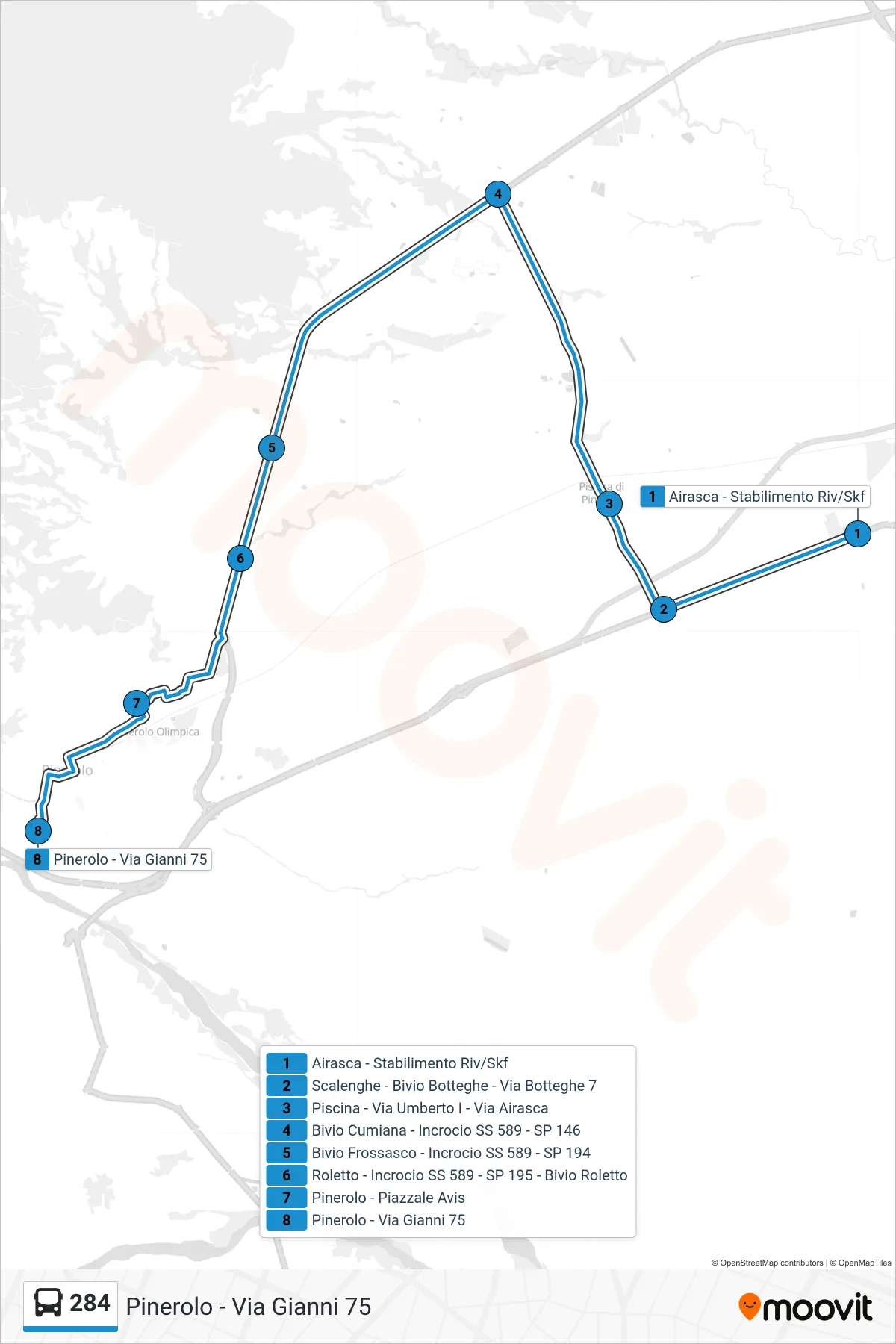Linea 284 bus (Pinerolo - Via Gianni 75) - Percorsi e fermate sulla mappa