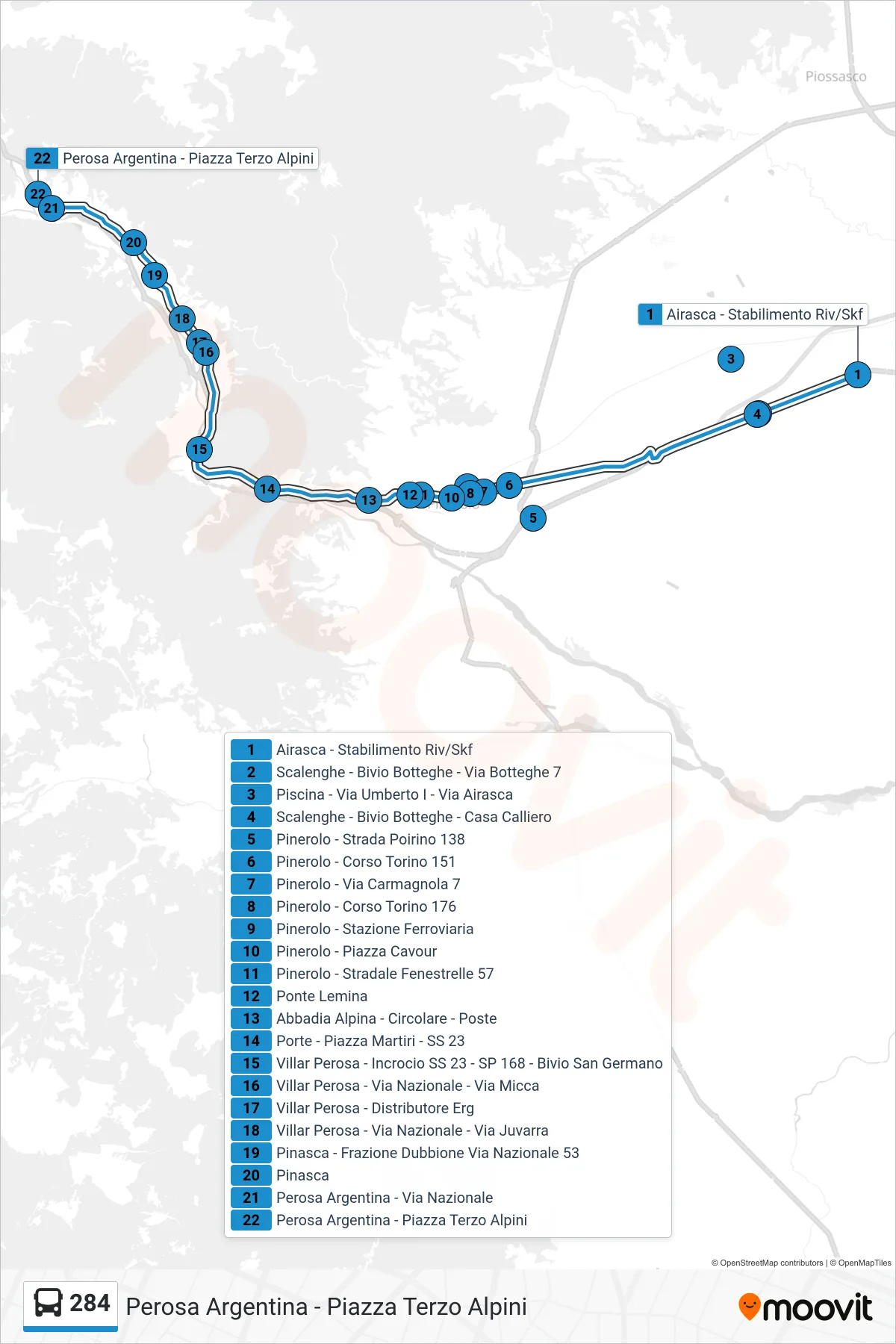 Linea 284  bus (Perosa Argentina - Piazza Terzo Alpini) - Percorsi e fermate sulla mappa