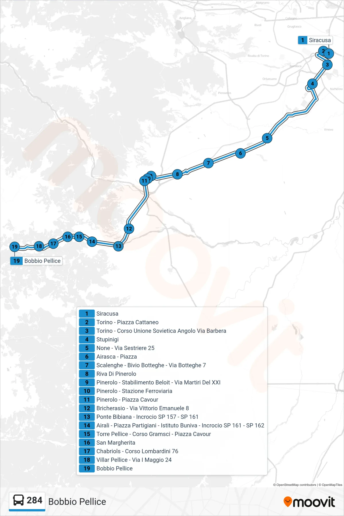 Linea 284 bus (Bobbio Pellice) - Percorsi e fermate sulla mappa