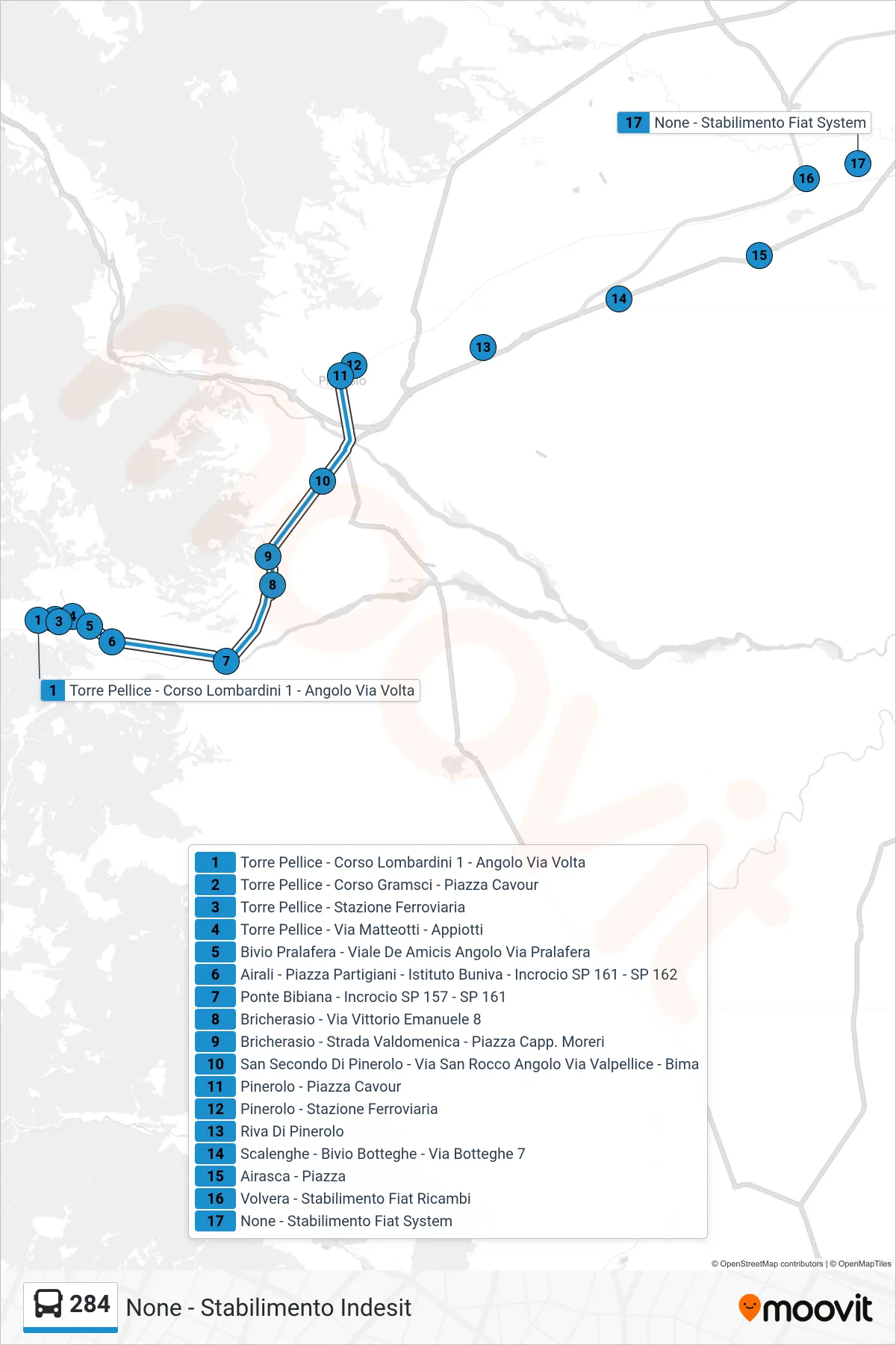 Linea 284 bus (None - Stabilimento Indesit) - Percorsi e fermate sulla mappa