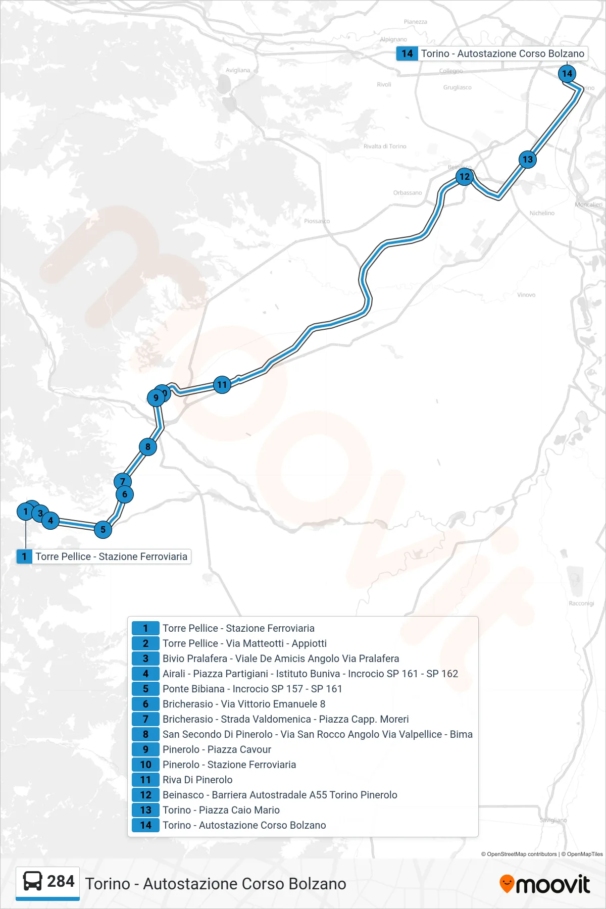 Linea 284  bus (Torino - Autostazione Corso Bolzano) - Percorsi e fermate sulla mappa