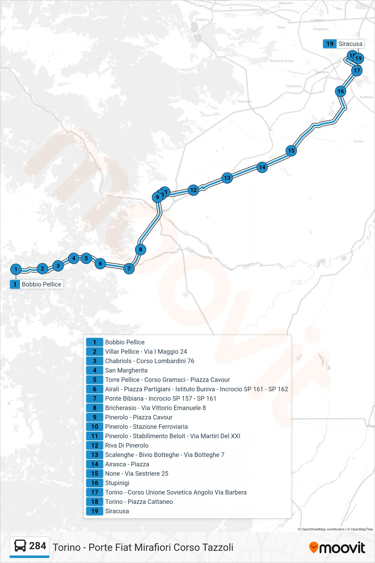 Linea 284 bus (Torino - Porte Fiat Mirafiori Corso Tazzoli) - Percorsi e fermate sulla mappa