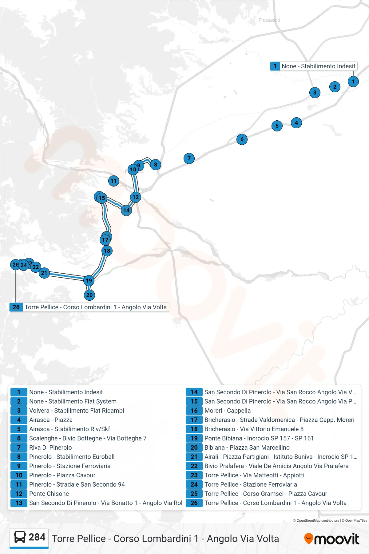 Linea 284 bus (Torre Pellice - Corso Lombardini 1 - Angolo Via Volta) - Percorsi e fermate sulla mappa
