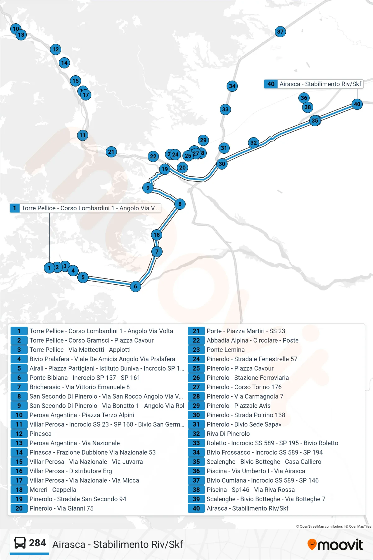 Linea 284  bus (Airasca - Stabilimento Riv/Skf) - Percorsi e fermate sulla mappa