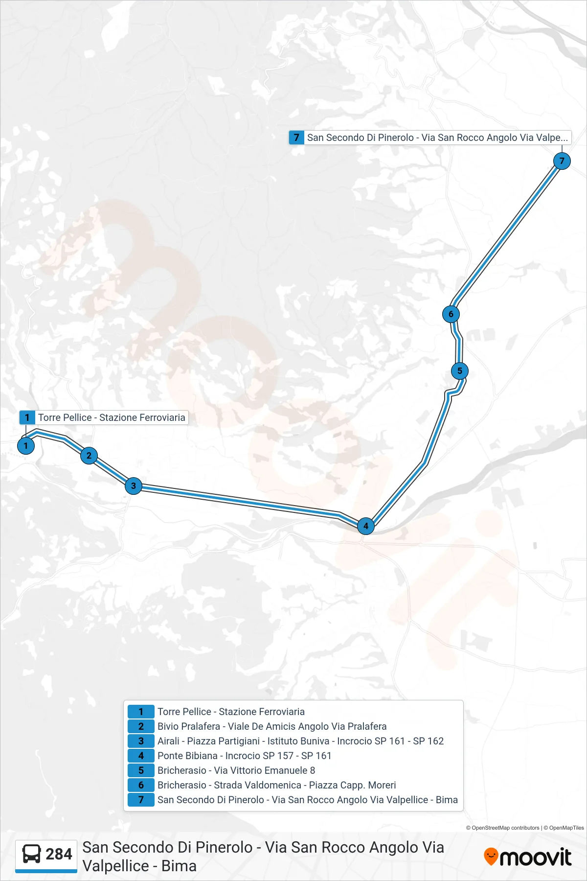 Linea 284 bus (San Secondo Di Pinerolo - Via San Rocco Angolo Via Valpellice - Bima) - Percorsi e fermate sulla mappa
