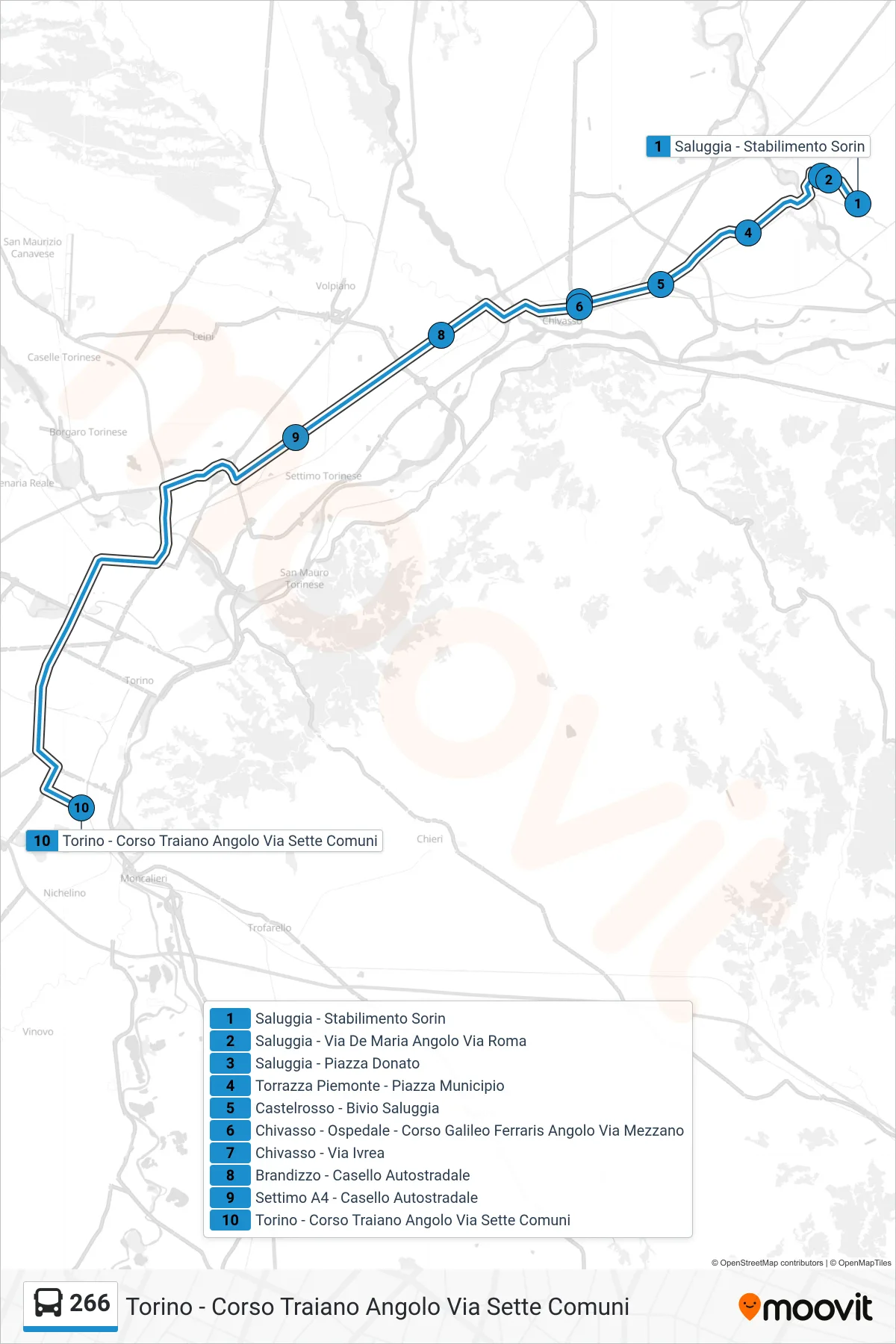 Linea 266 bus (Torino - Corso Traiano Angolo Via Sette Comuni) - Percorsi e fermate sulla mappa