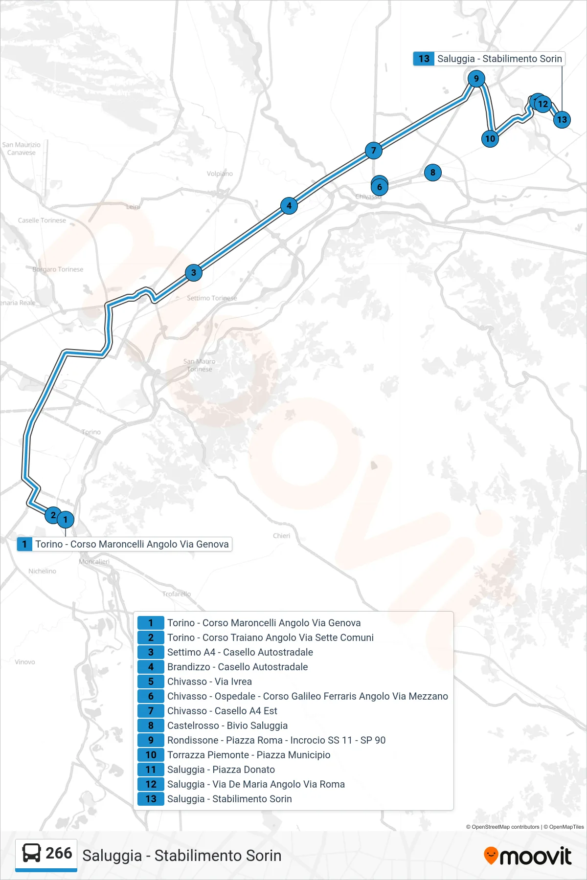 Linea 266 bus (Saluggia - Stabilimento Sorin) - Percorsi e fermate sulla mappa
