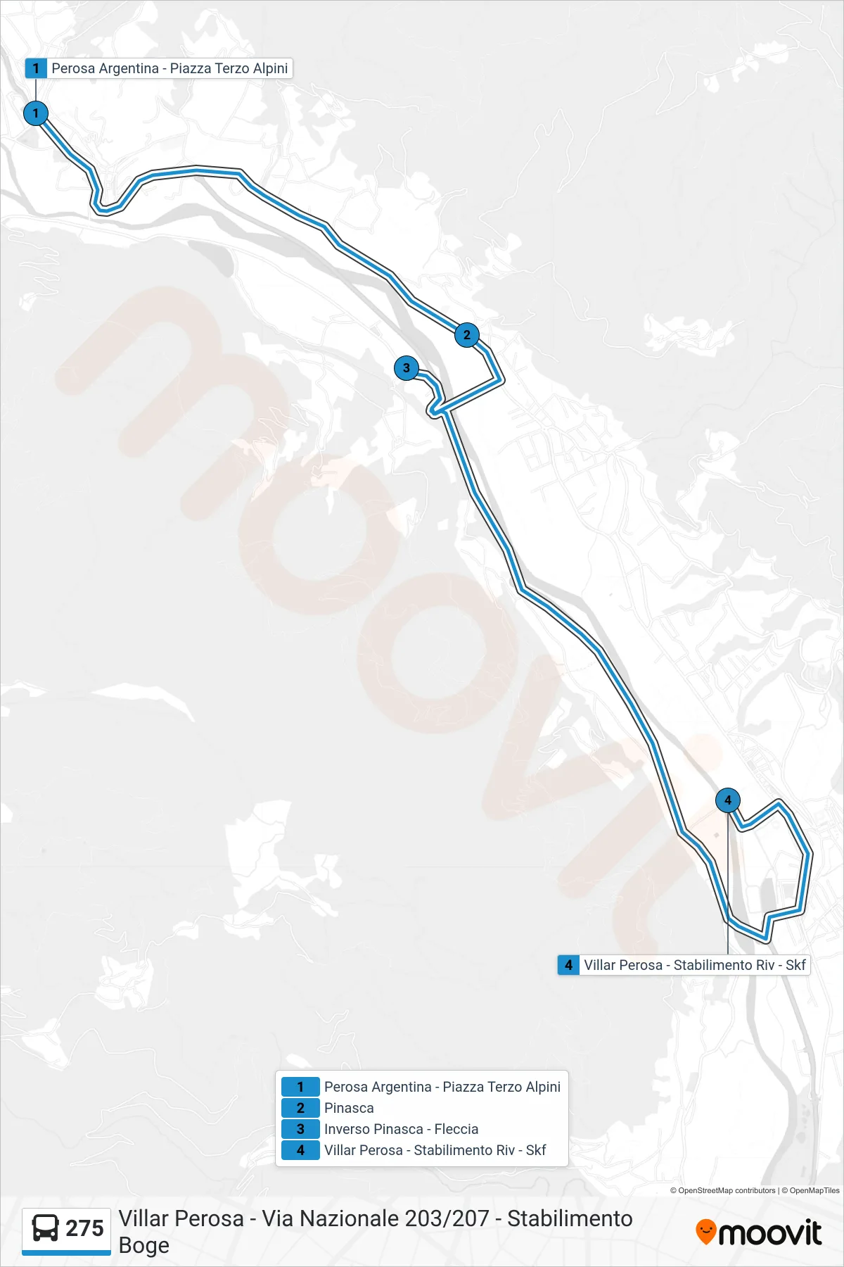 Linea 275  bus (Villar Perosa - Via Nazionale  203/207 - Stabilimento Boge) - Percorsi e fermate sulla mappa
