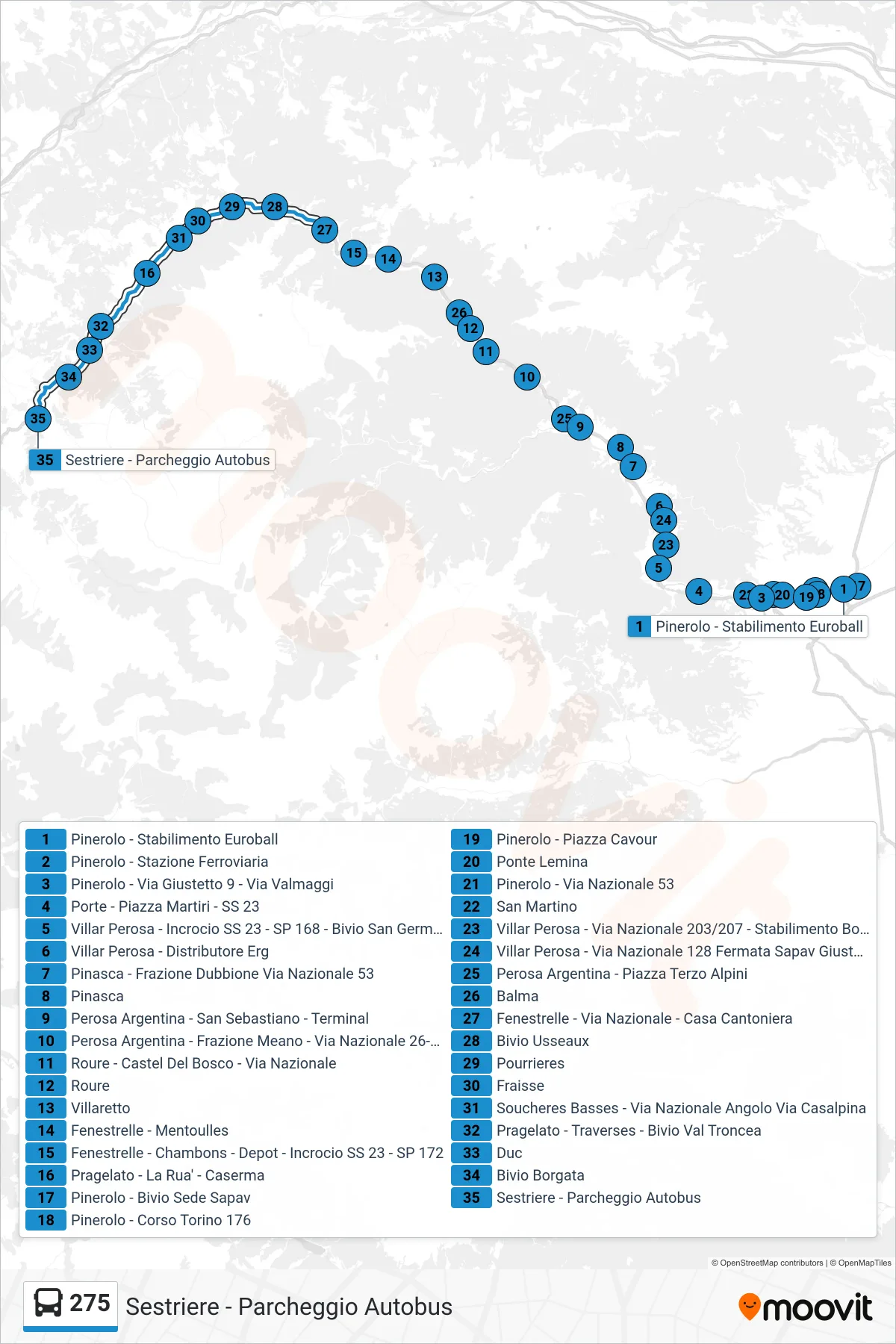 Linea 275 bus (Sestriere - Parcheggio Autobus) - Percorsi e fermate sulla mappa