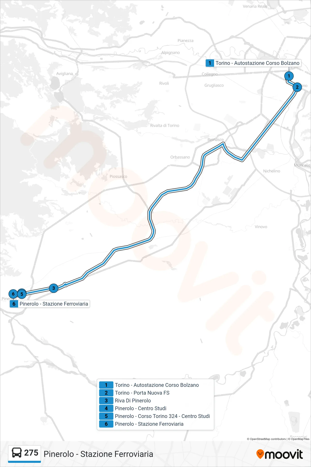 Linea 275  bus (Pinerolo - Stazione Ferroviaria) - Percorsi e fermate sulla mappa