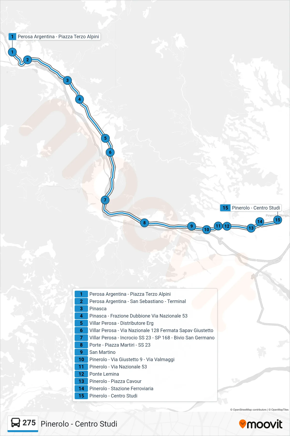 Linea 275 bus (Pinerolo - Centro Studi) - Percorsi e fermate sulla mappa