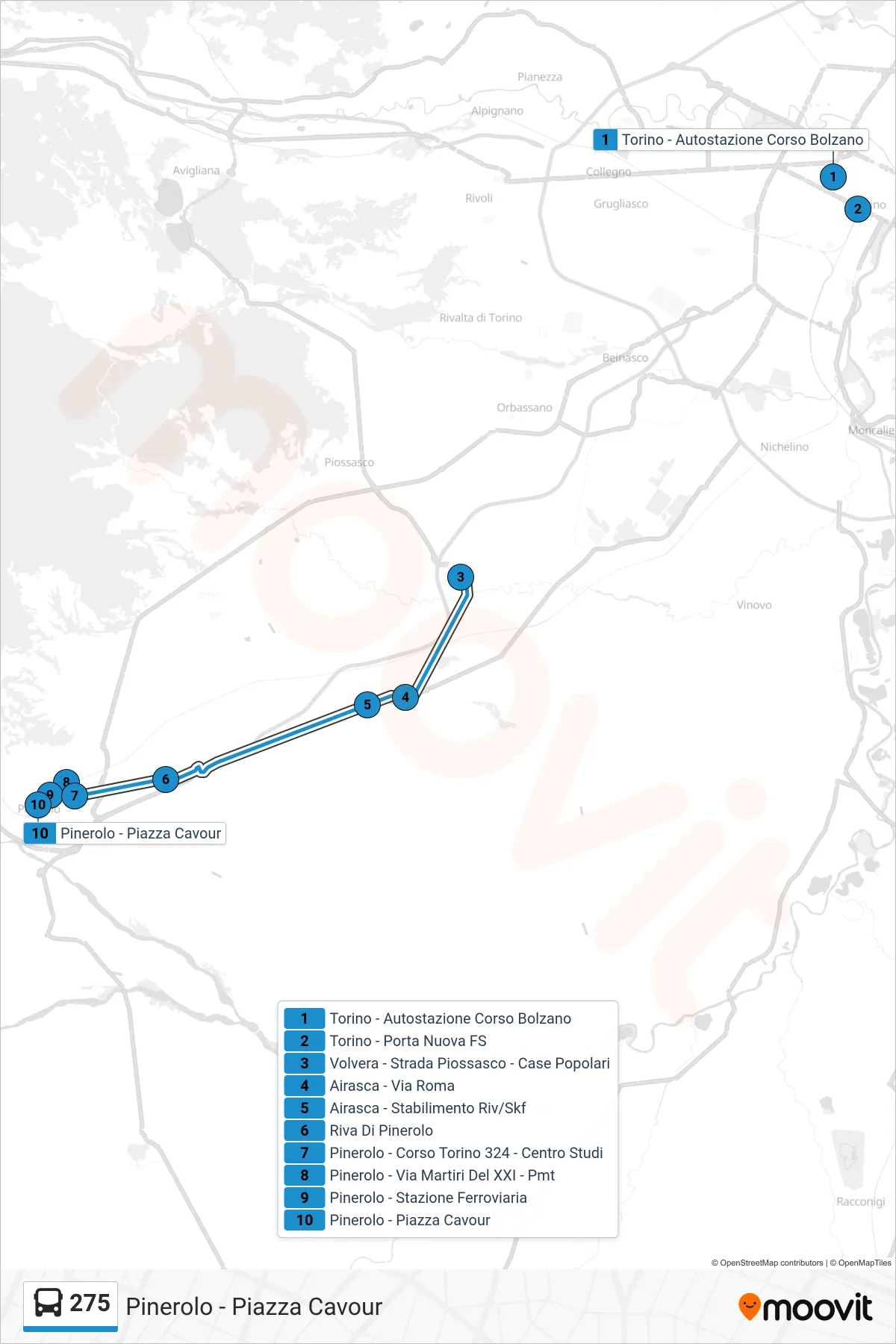 Linea 275 bus (Pinerolo - Piazza Cavour) - Percorsi e fermate sulla mappa