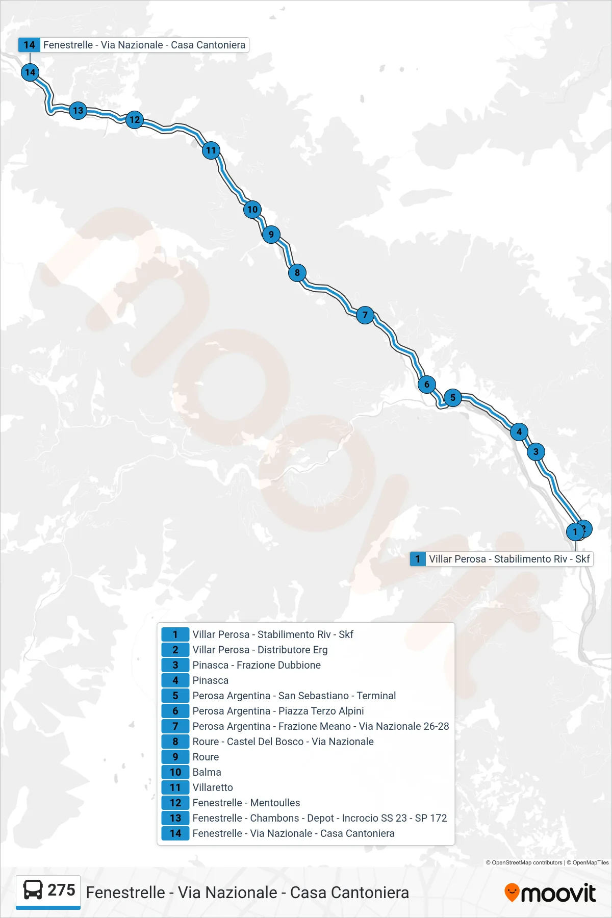 Linea 275  bus (Fenestrelle - Via Nazionale - Casa Cantoniera) - Percorsi e fermate sulla mappa